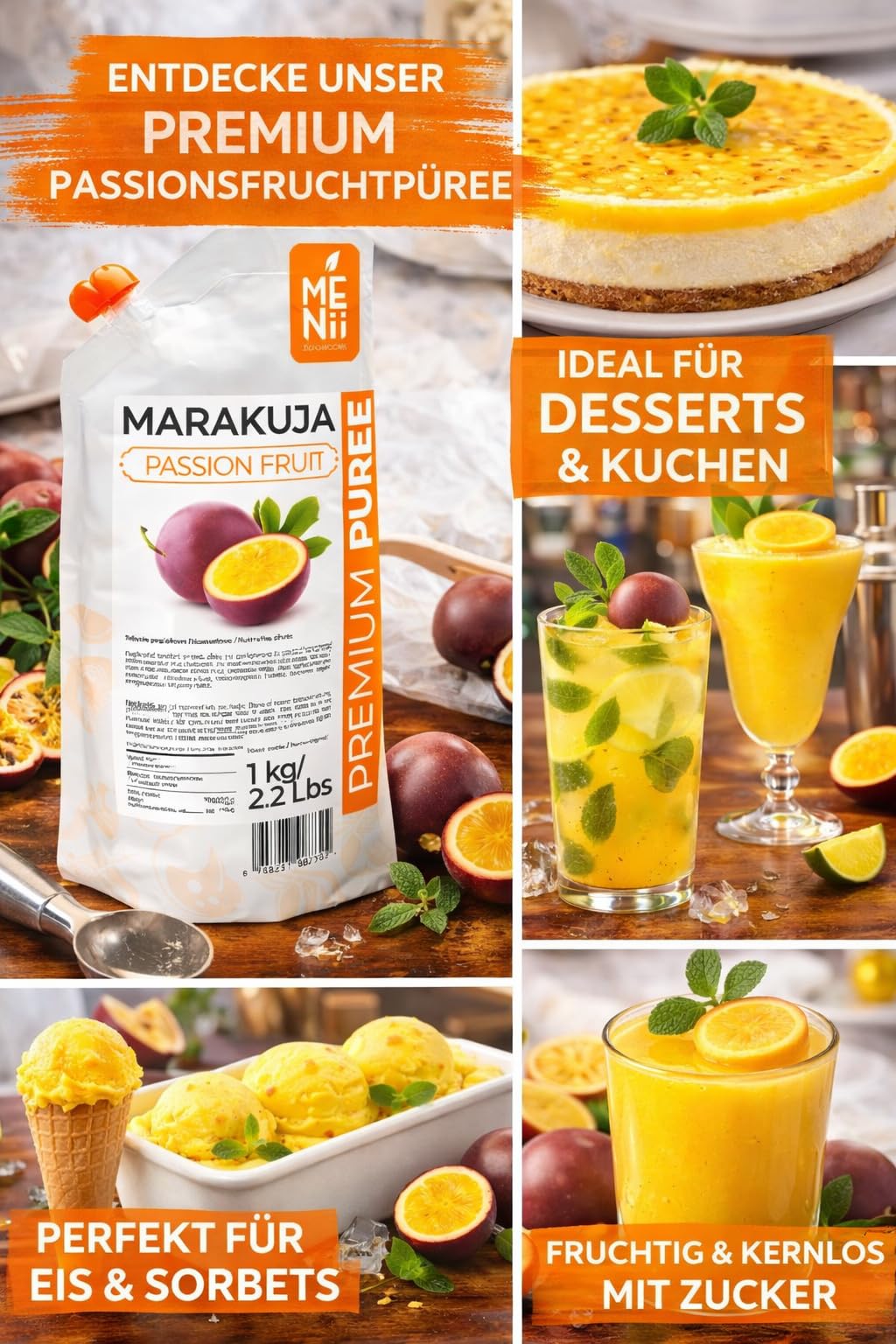 Puré de Maracuyá 1 kg – Fruta de la Pasión para Smoothies, Cócteles, Postres, Helados y Repostería – Sabor Tropical Intenso – Puré Premium