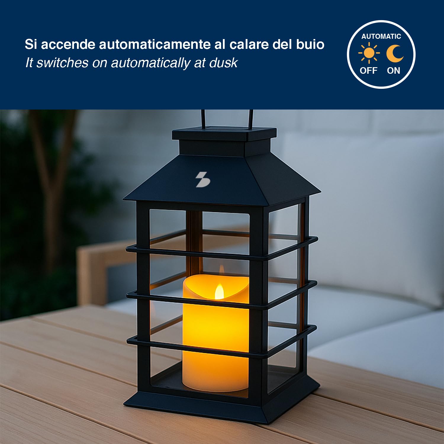 BEPER P207ILO303 Latarnia solarna ze świecą LED z efektem płomienia, zewnętrzna lampa solarna z haczykiem, automatyczne włączanie, ciepłe migoczące światło, IP44 do ogrodu i balkonu