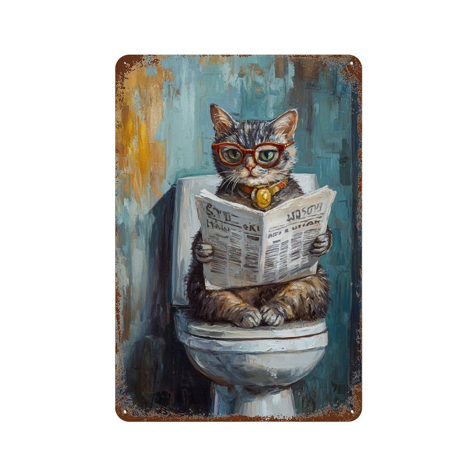 Cat Reading Newspaper on Toilet-7 Decorative Tin Sign 11.8"x7.9", for Bistro, Counter And Cafe Decor, Retro Wall Decor
