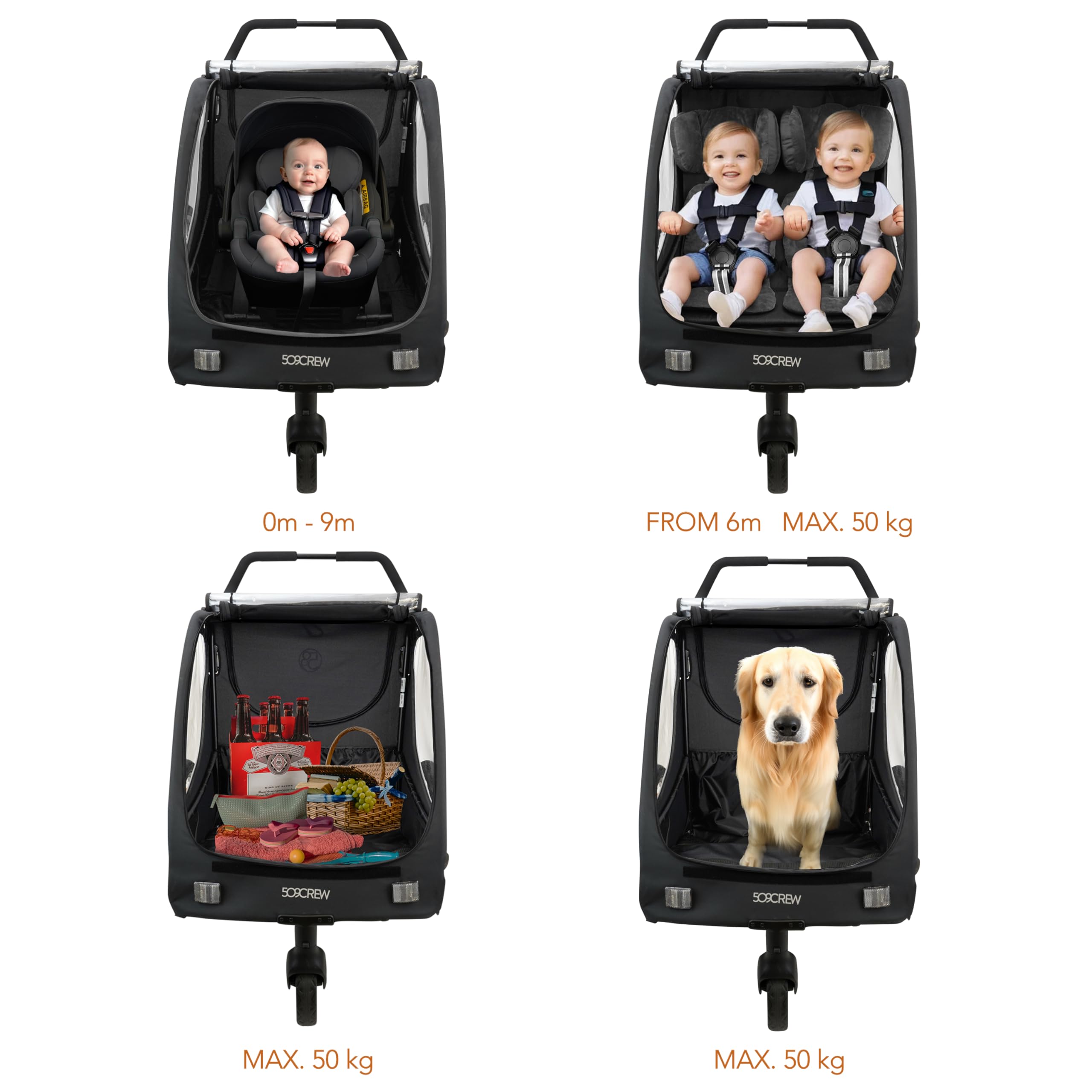 C-ROO Multi Use Bike Trailer, Infant Ride System, Max Load 50kg, Mosquito Net, Seatpads, Raincover, Night Grey