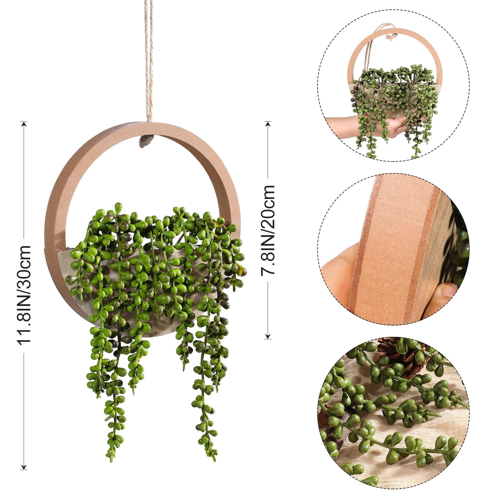 Plante succulente Artificielle à Suspendre - 30,5 cm - dans Un Pot en Bois - Décoration Murale intérieure et extérieure (Bois, 2 pièces)