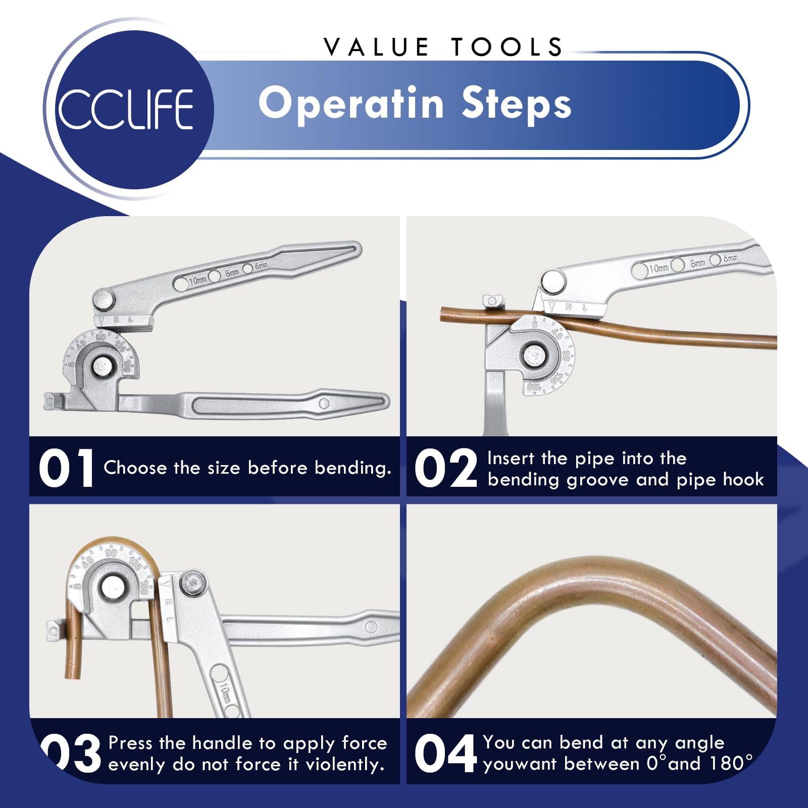 CCLIFE Piegatubi Rame 3 in 1, Curvatubi per Rame 6 8 10 mm, Angolo di Piegatura 180° Alluminio e Ottone