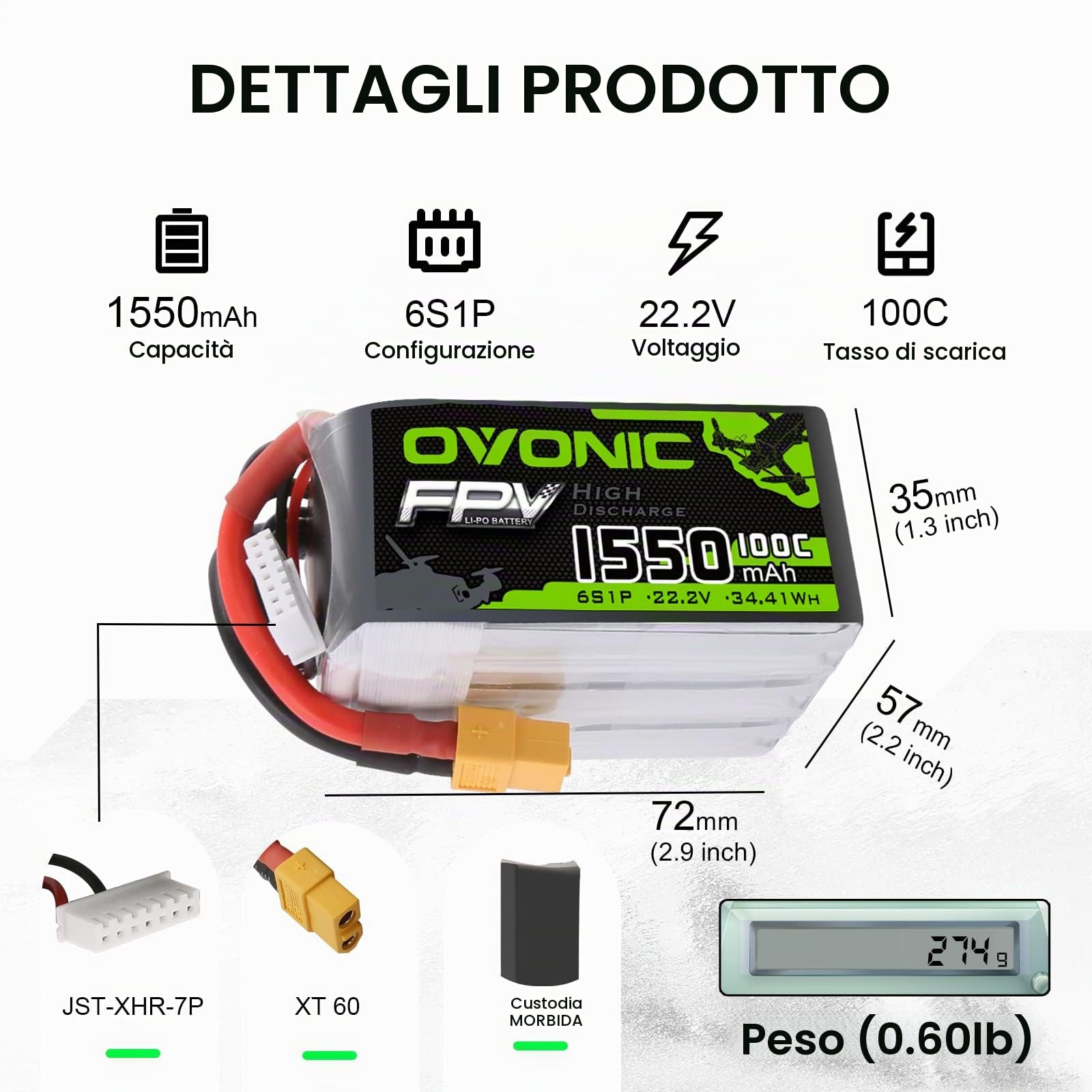 OVONIC 6S Batteria LiPo 22.2V 1550mAh 100C con connettore XT60 per FPV Racing RC Quadcopter Elicottero Aeroplano Multi-Motor Hobby Parti fai-da-te.