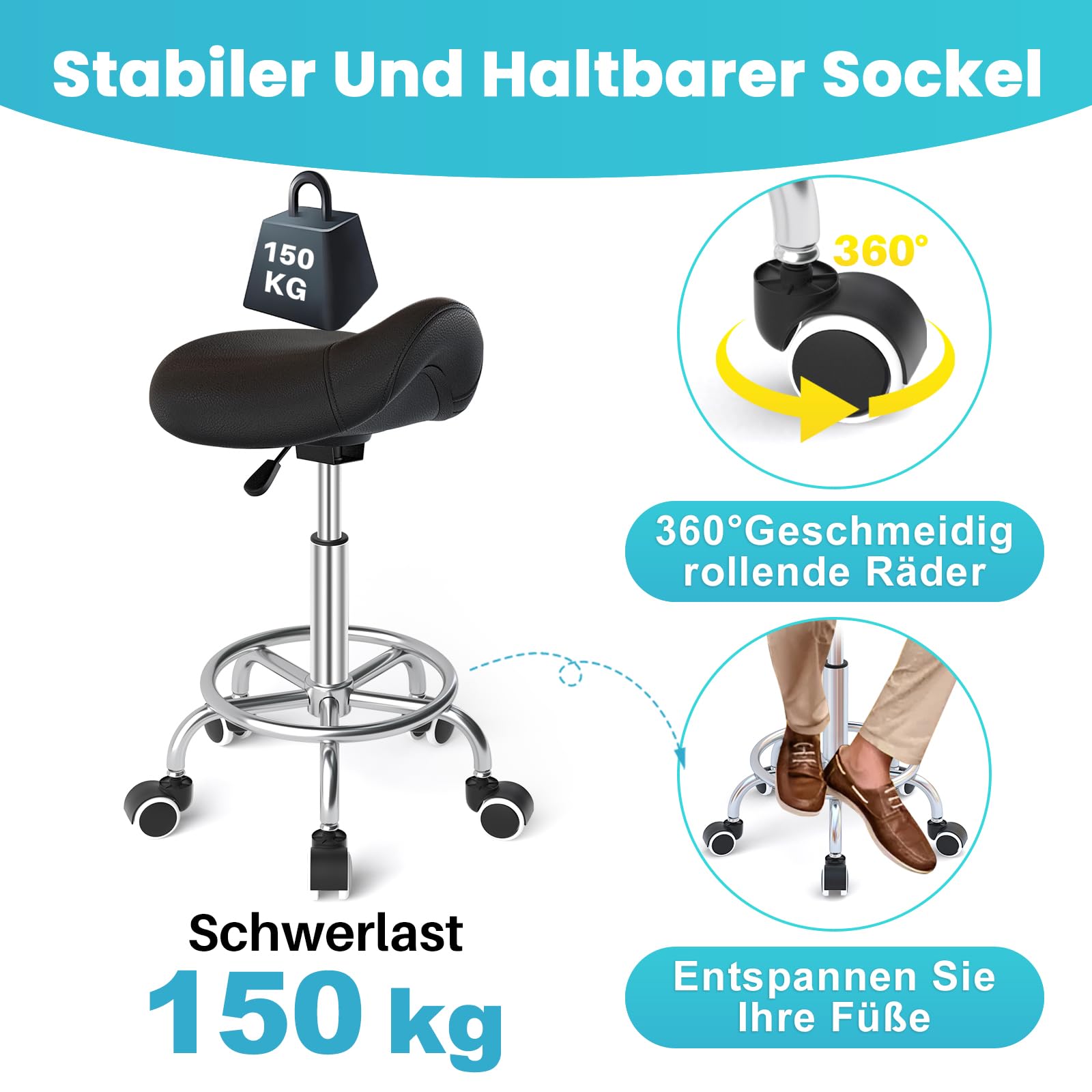 Sgabello da sella ergonomico – Comoda sedia girevole e regolabile con ampio cuscino, ruote e pedale ad anello per medicina, massaggio, salone, ufficio e casa (nero)