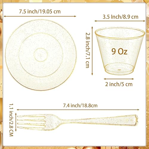 Miniatura 2 de Juego de vajilla de plástico de 450 piezas, 150 platos de plástico con purpurina de 7.5 pulgadas, 150 vasos de plástico desechables, 150 tenedores