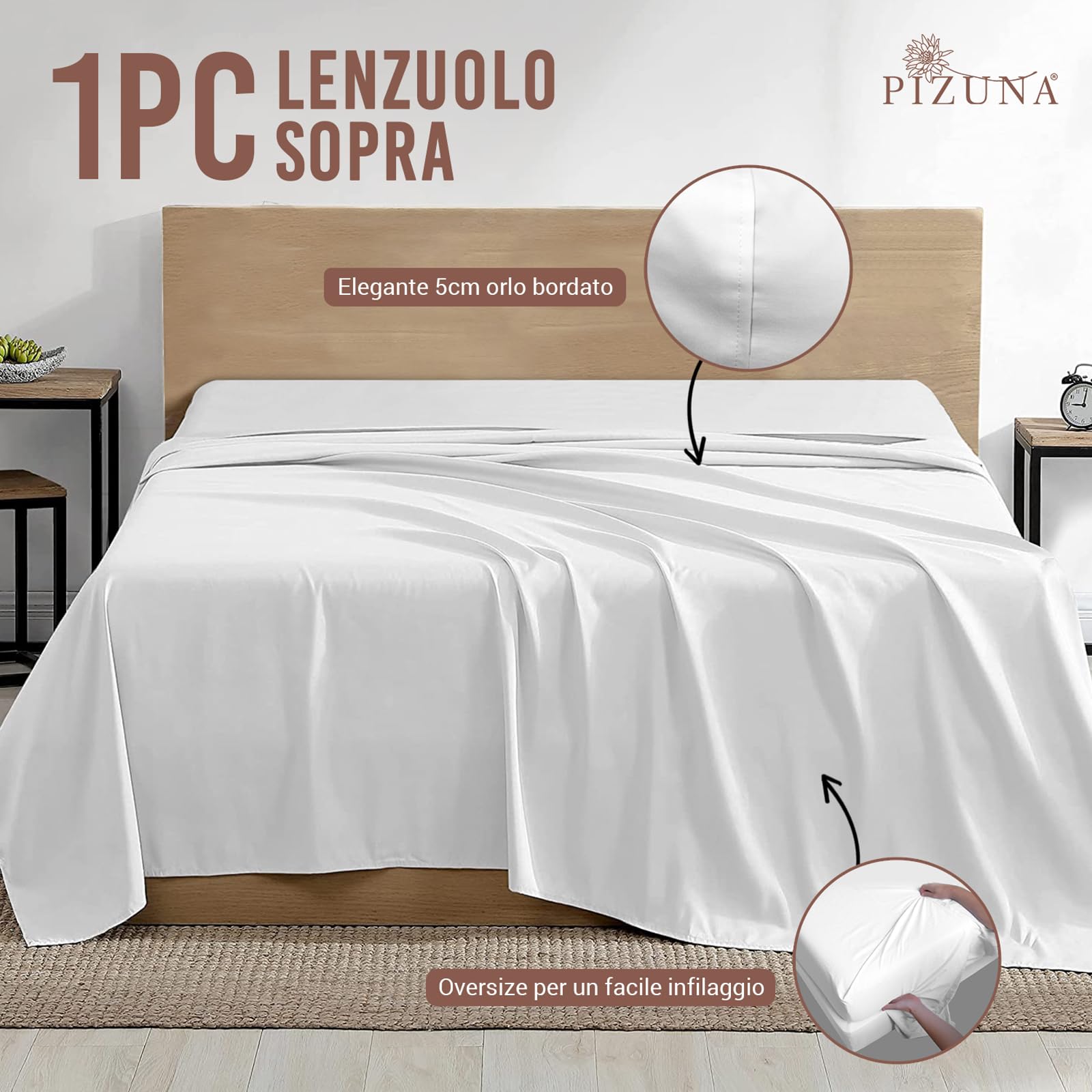 Pizuna Lenzuolo sopra Cotone 270x310 cm Bianco, 400 fili con trama Sateen in 100% Cotone a fiocco lungo Lenzuolo sopra 270x310 1 solo pezzo (Biancheria De Letto Bianco)