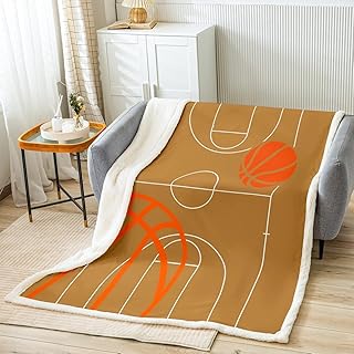 Manta de forro polar de baloncesto tamaño individual de 60 x 80 pulgadas, manta de felpa para niños, para cama, sofá, juegos, deportes, manta Sherpa suave con temática deportiva, manta marrón mullida