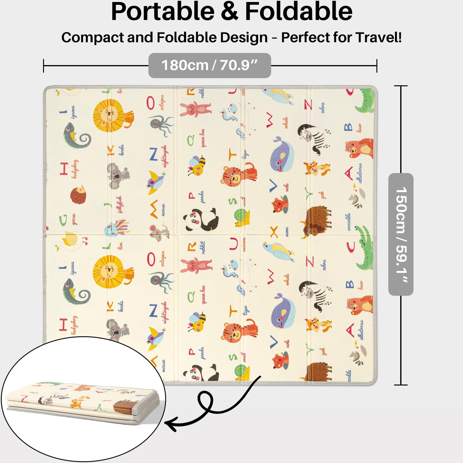 Baby Play Mat, Foldable Baby Playmat Reversible Waterproof Large Foam Soft Crawling Floor Playmat Non Toxic Portable Floor Mat| Ideal for Bedroom, Nursery & Playroom 150x180cm — view 2