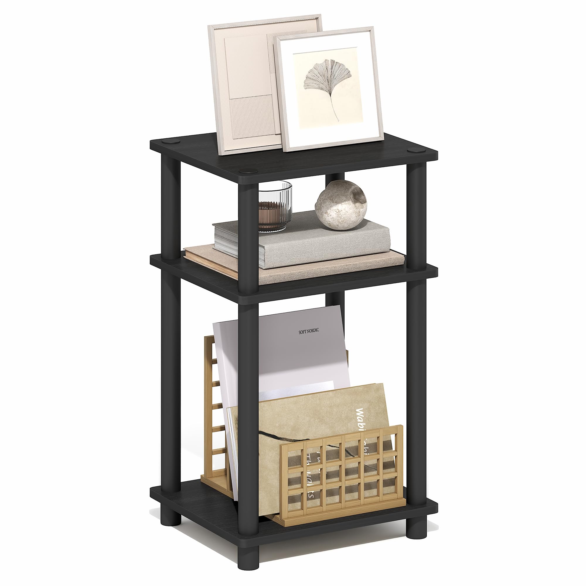 Furinno TURN-N-TUBE Side Table, 3-Tier End Table, Night Stand, Bedside Table, for Living Room, Bedroom, Dark Americano