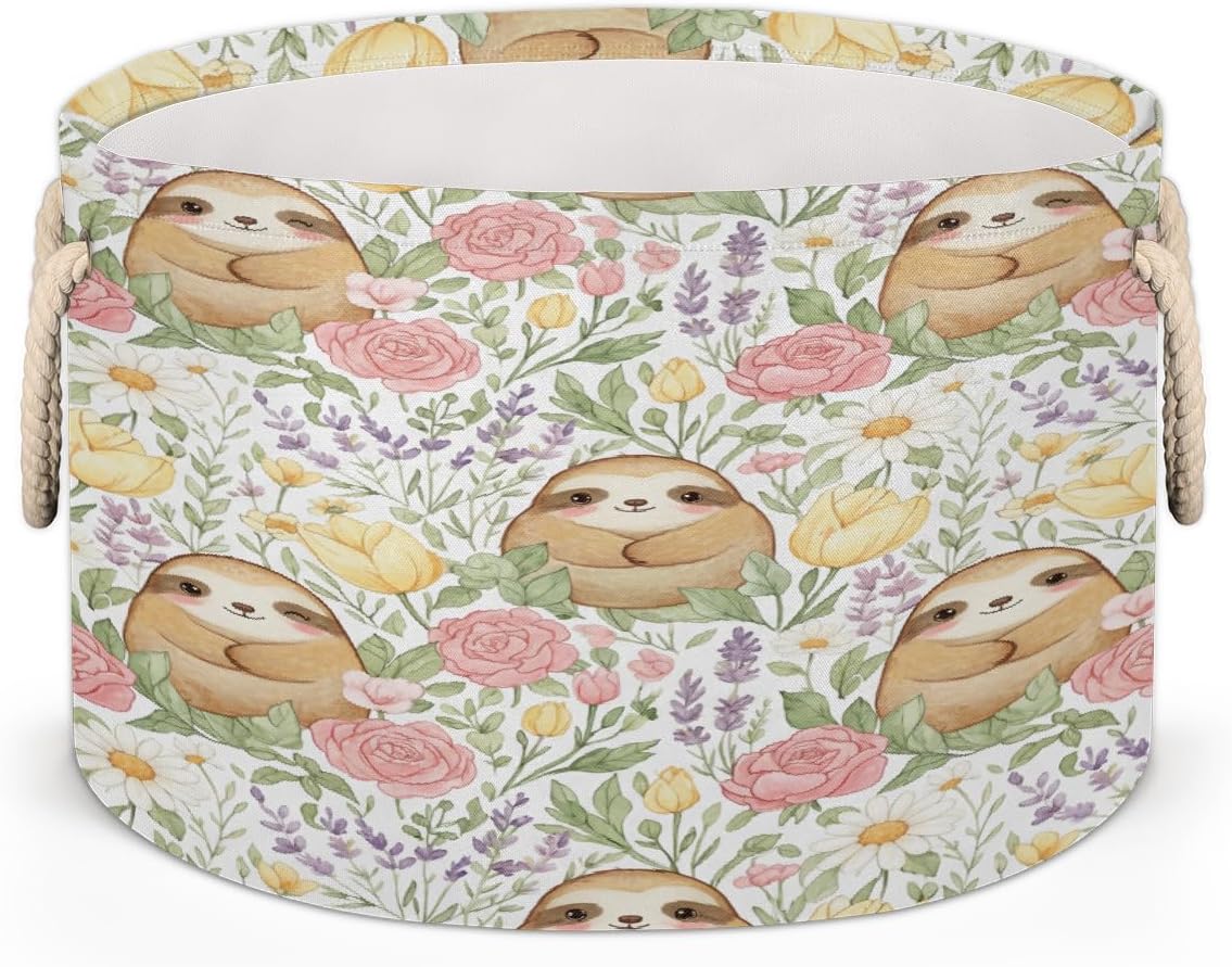 Large Storage Baskets - Sloth Floral Nursery Round Collapsible Organizer Bin Box Laundry Hamper for Kids Toys, Blanket, Bedroom Living Room Home Decor, Gift Basket, 19.4"x13.3"