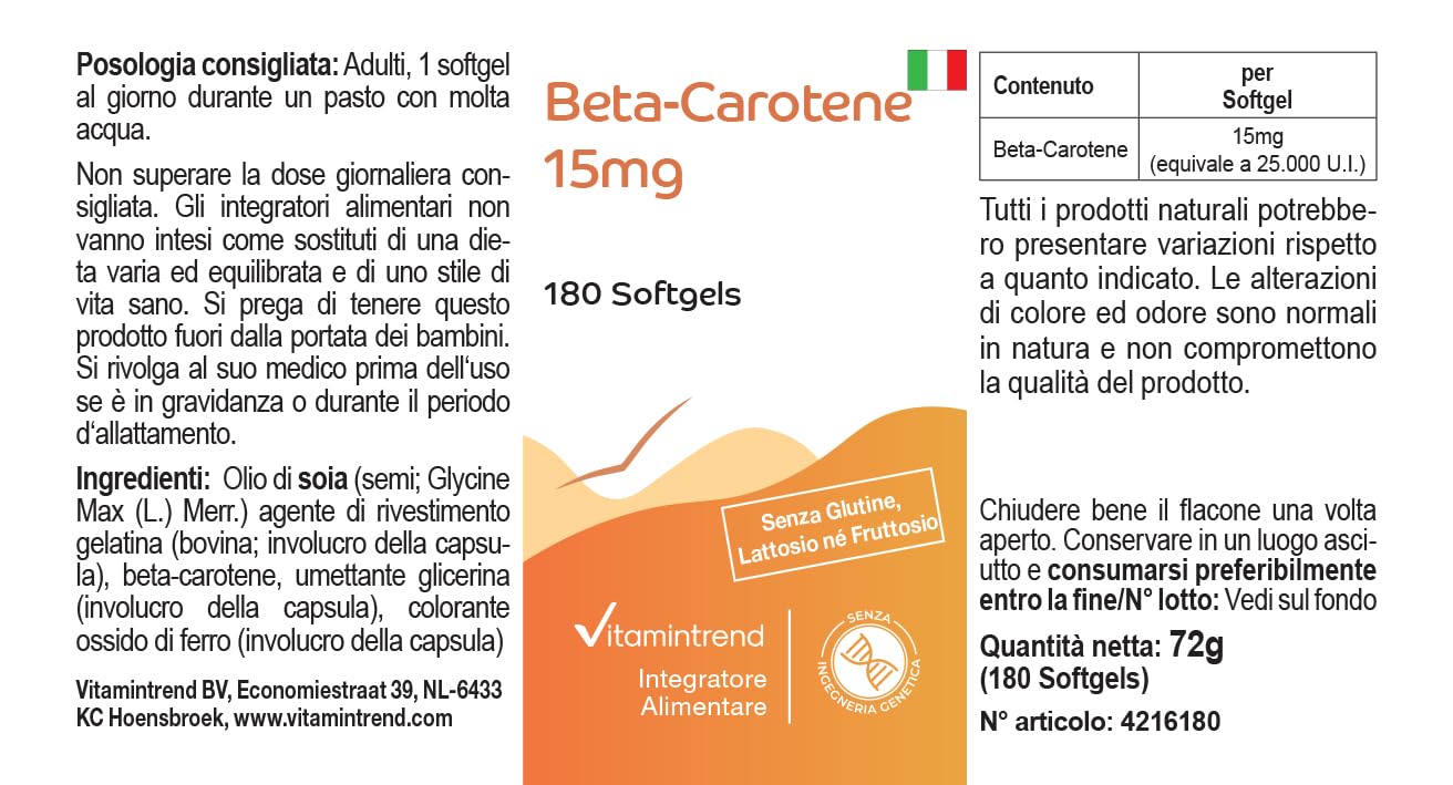 Vitamintrend Beta-karoten 15mg, 180 kapsułek po 15mg (odpowiada 25 000 j.m.), wysoka dawka, bez stearynianu magnezu, wyprodukowane w Niemczech.