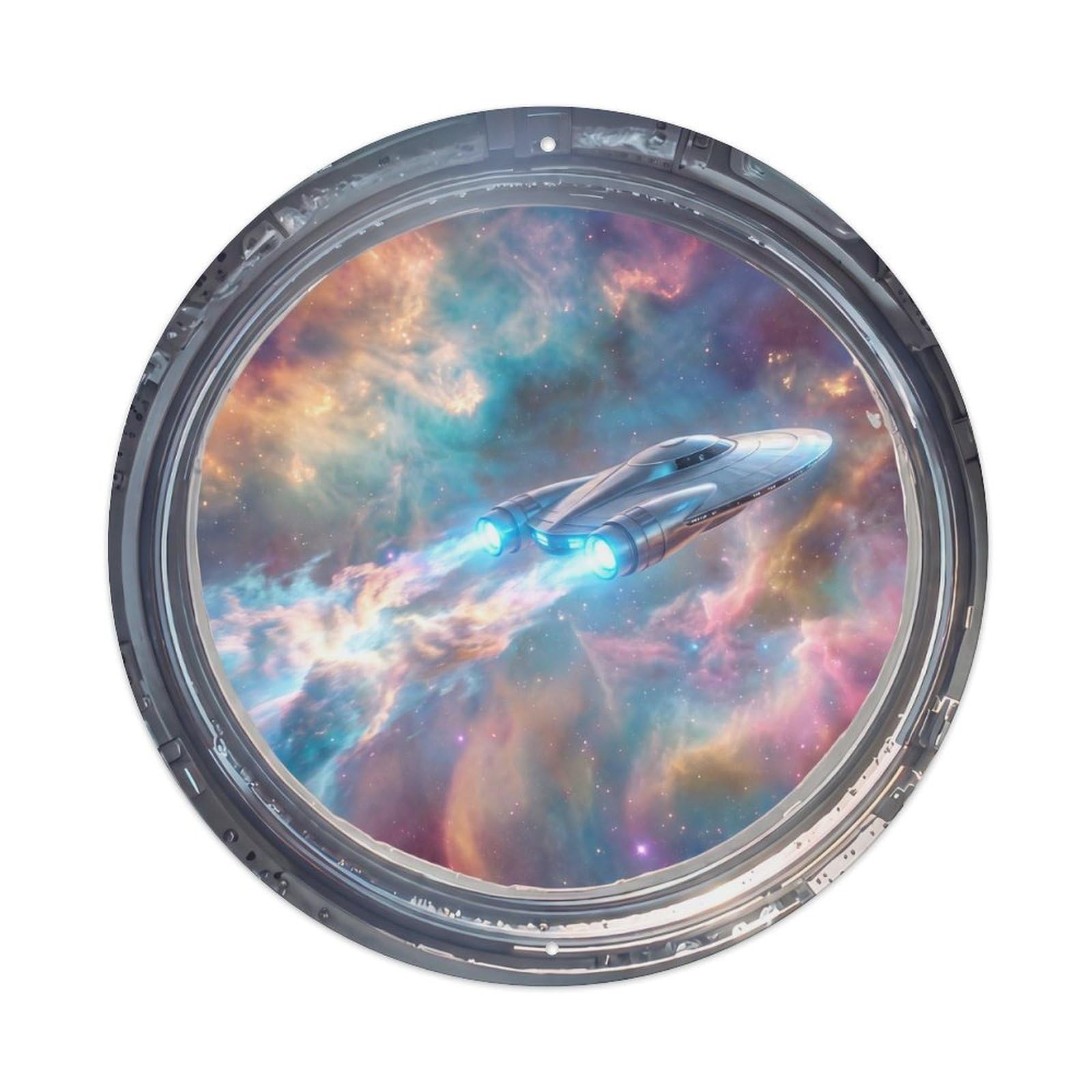 Metal Tin Sign Saucer Nebula Transit from Space Station Porthole