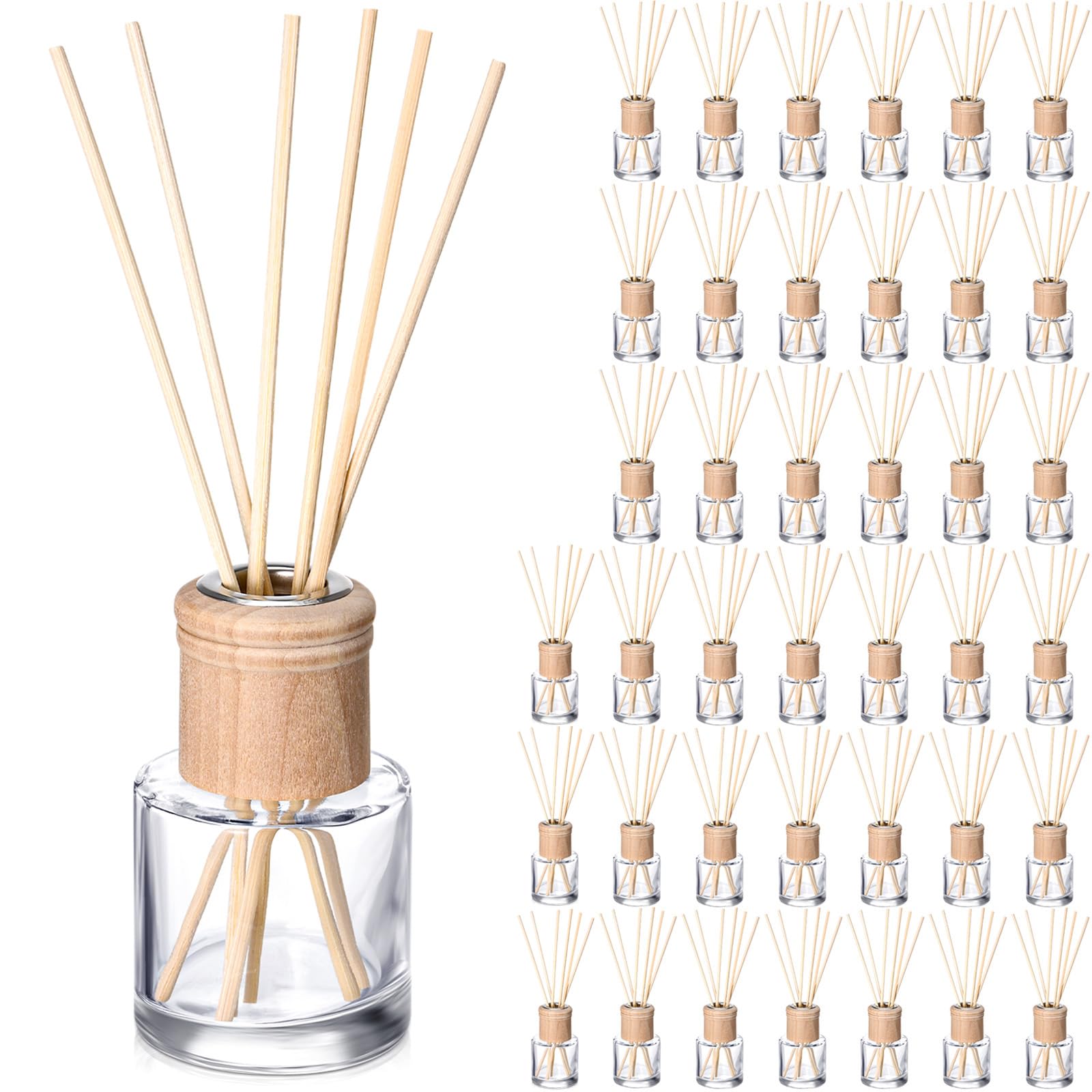 Roshtia Set di 40 flaconi di diffusore in vetro vuoti, ricaricabili, con tappi in legno, bastoncini in rattan, 50 ml, barattoli rotondi in vetro per fragranze fai da te