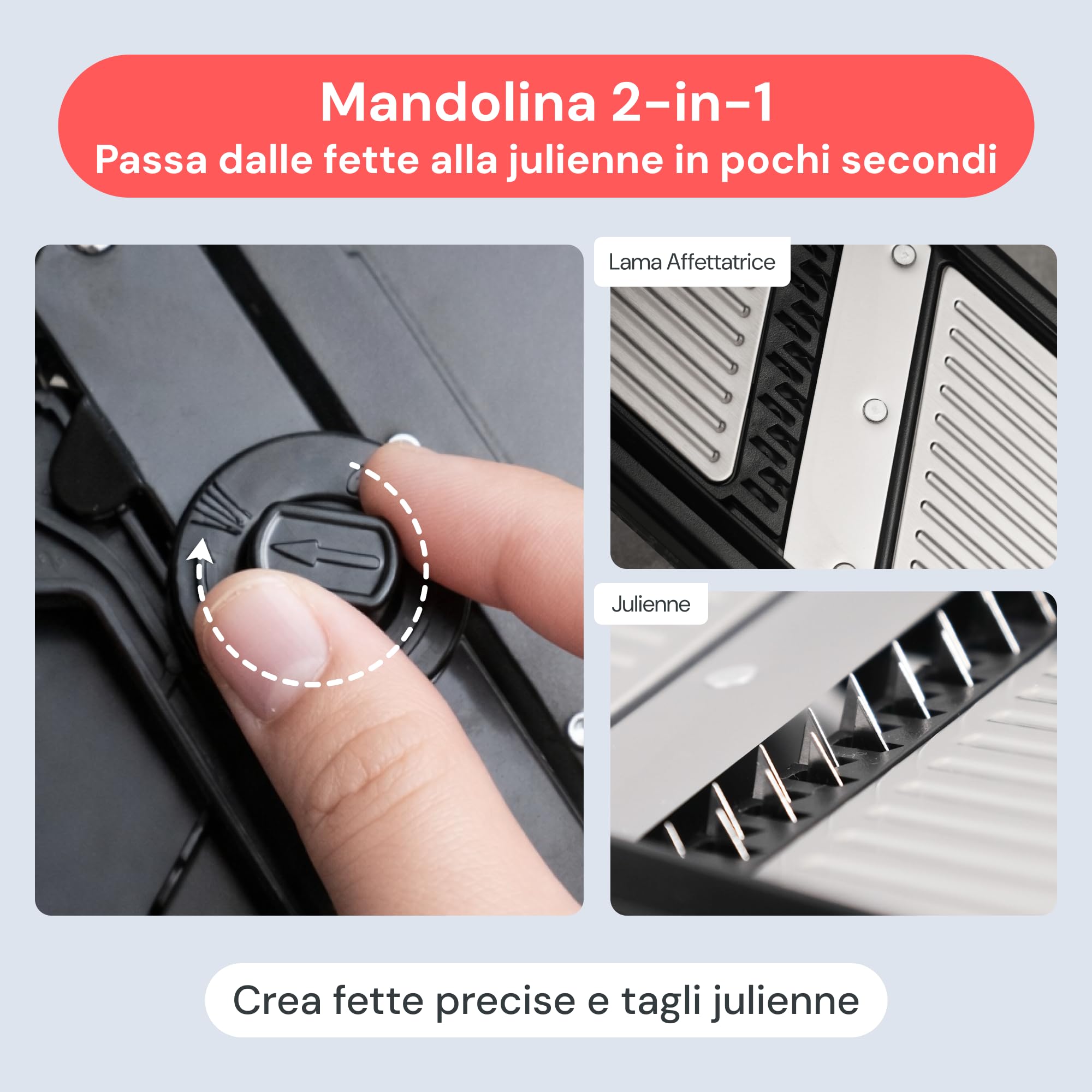 Mandolina per Verdure Professionale 2-in-1 in Acciaio Inox - Spessore Regolabile 1-4 mm con Lama Julienne
