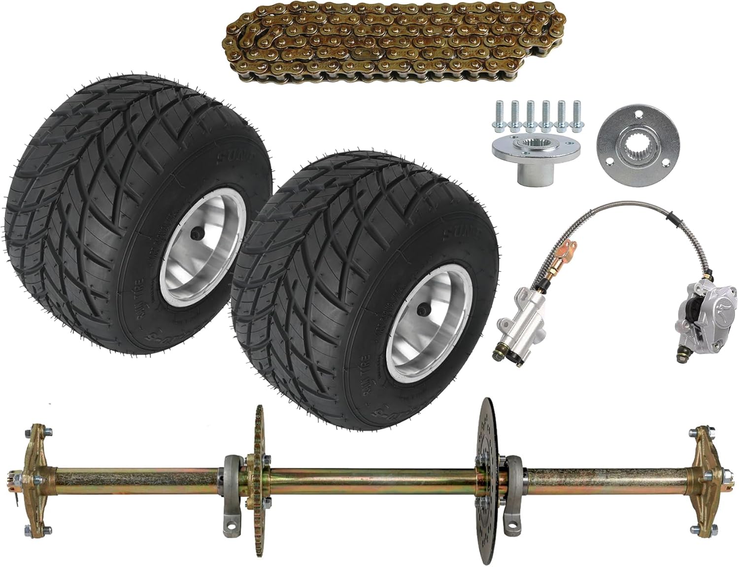 Go Kart Rear Axle 810mm, 32in Powersports Axle +Rear 11x7.10-5 Rain Tubeless Tires+ 190mm Disc Rotor +Brake Master Caliper +41T Sprocket #428-108L Chain for ATV Quad Drift Trikes