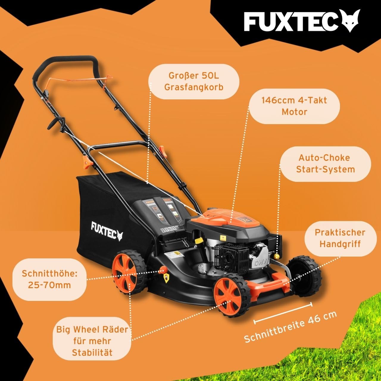 FUXTEC 3in1 Benzin Rasenmäher FX-RM4646ECO • 3,5PS 2,6kW 4-Takt Motor 146ccm • 46cm Schnittbreite 7 Stufen 25–75mm • 50L Fangkorb • Mulchfunktion & Heckauswurf • Leichtgewicht 27kg