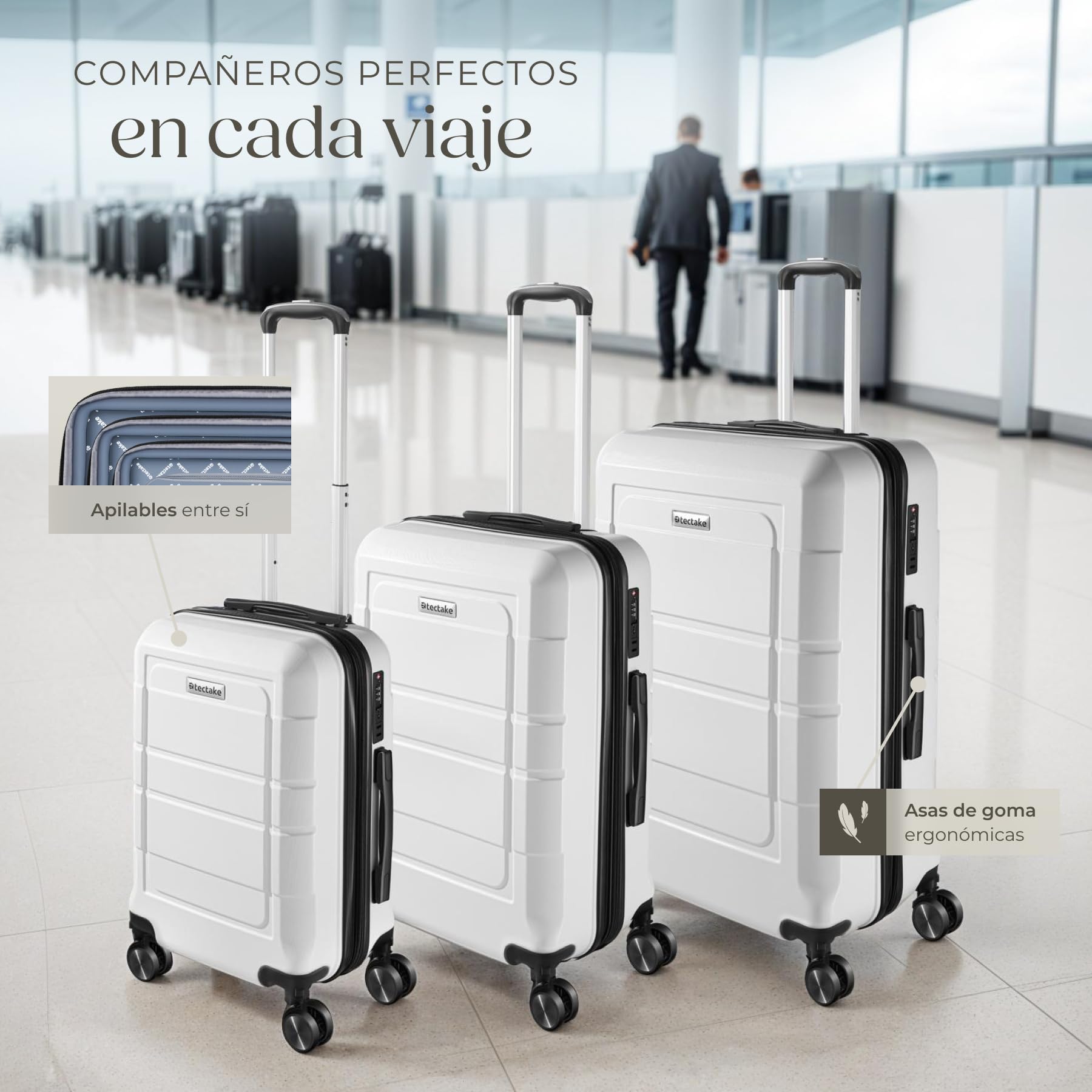 tectake® Juego de Maletas Apilables, 3 Piezas, Plástico ABS Resistente, Maletas de Viaje con Ruedas Giratorias 360°, Maleta Cabina, Maleta Mediana, Maleta Grande, TSA - Blanco