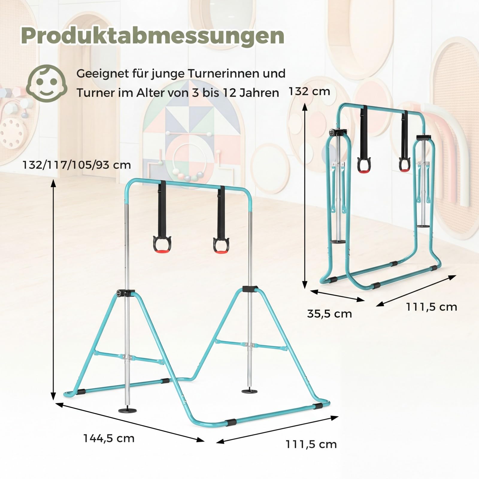 COSTWAY Gymnastikstange Kinder faltbar, Reckstange mit 4 Verstellbarer Höhen & Turnringe, horizontale Turnstange für Indoor & Outdoor, Turnreck erweiterbar für Kinder von 3-12 Jahren