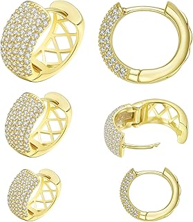 3 Pairs 18K Gold Plated Huggie Hoop Earrings with Cubic Zirconia - Chunky Small Lightweight Hypoallergenic Hoops for Carti...