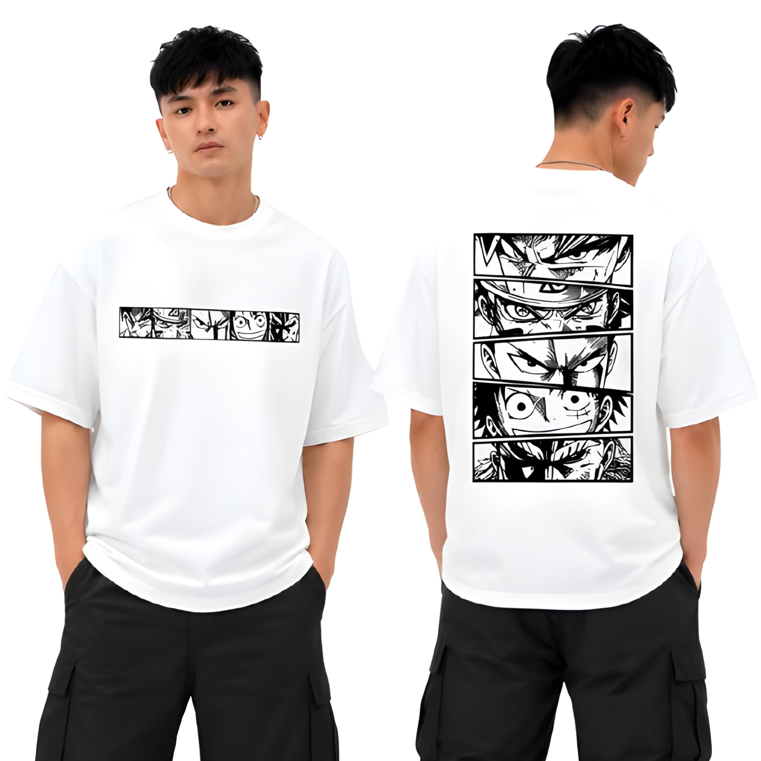 Anime : Manga Men and Boys Short Sleeves Round Neck White Graphic Printed Cotton Oversized T-Shirt-picture-11