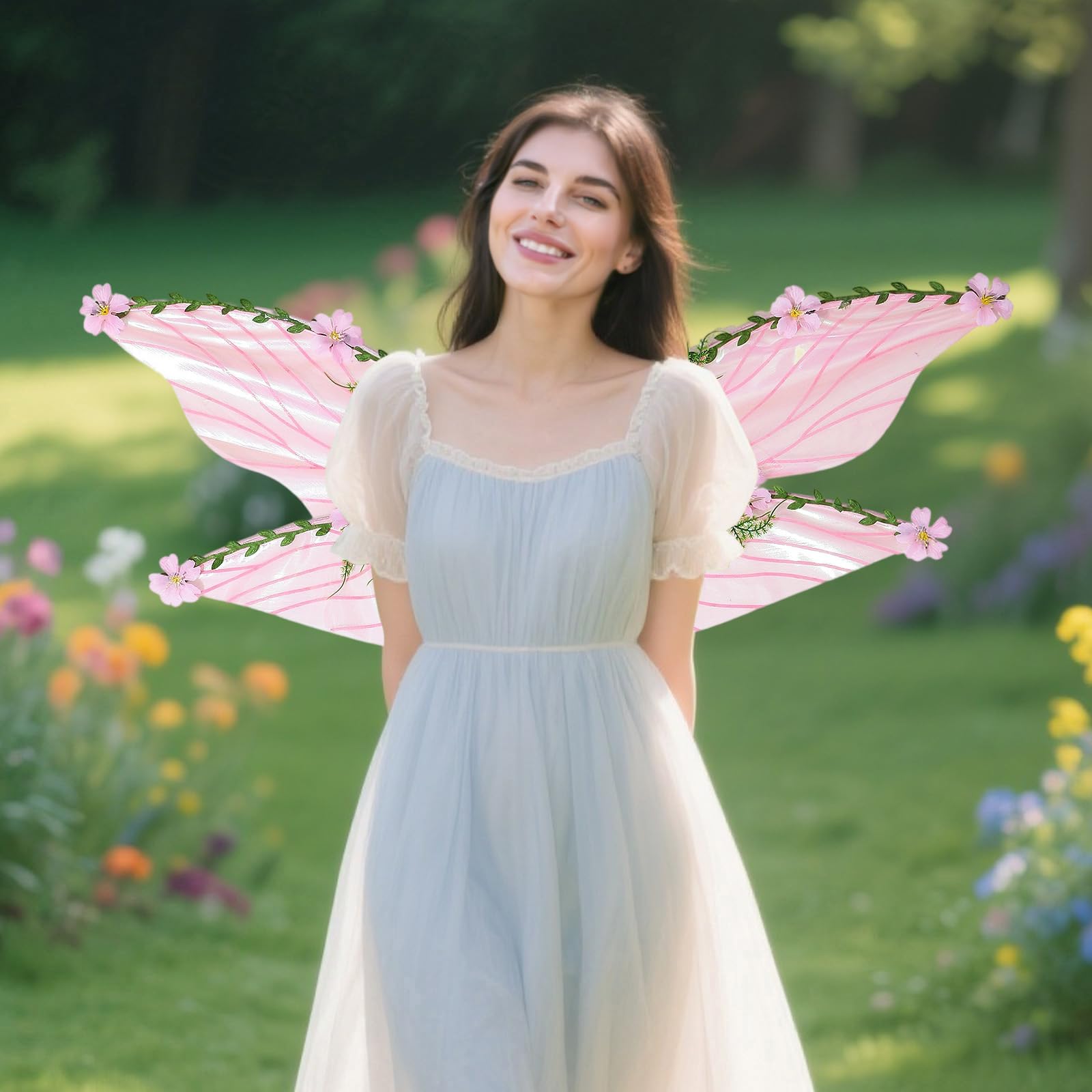 ESSECMBS Halloween Forest Fairy Wings for Women Creative Butterfly Wings with 3D Flowers and Leaves Decor for Cosplay (A-Pink - Image 4