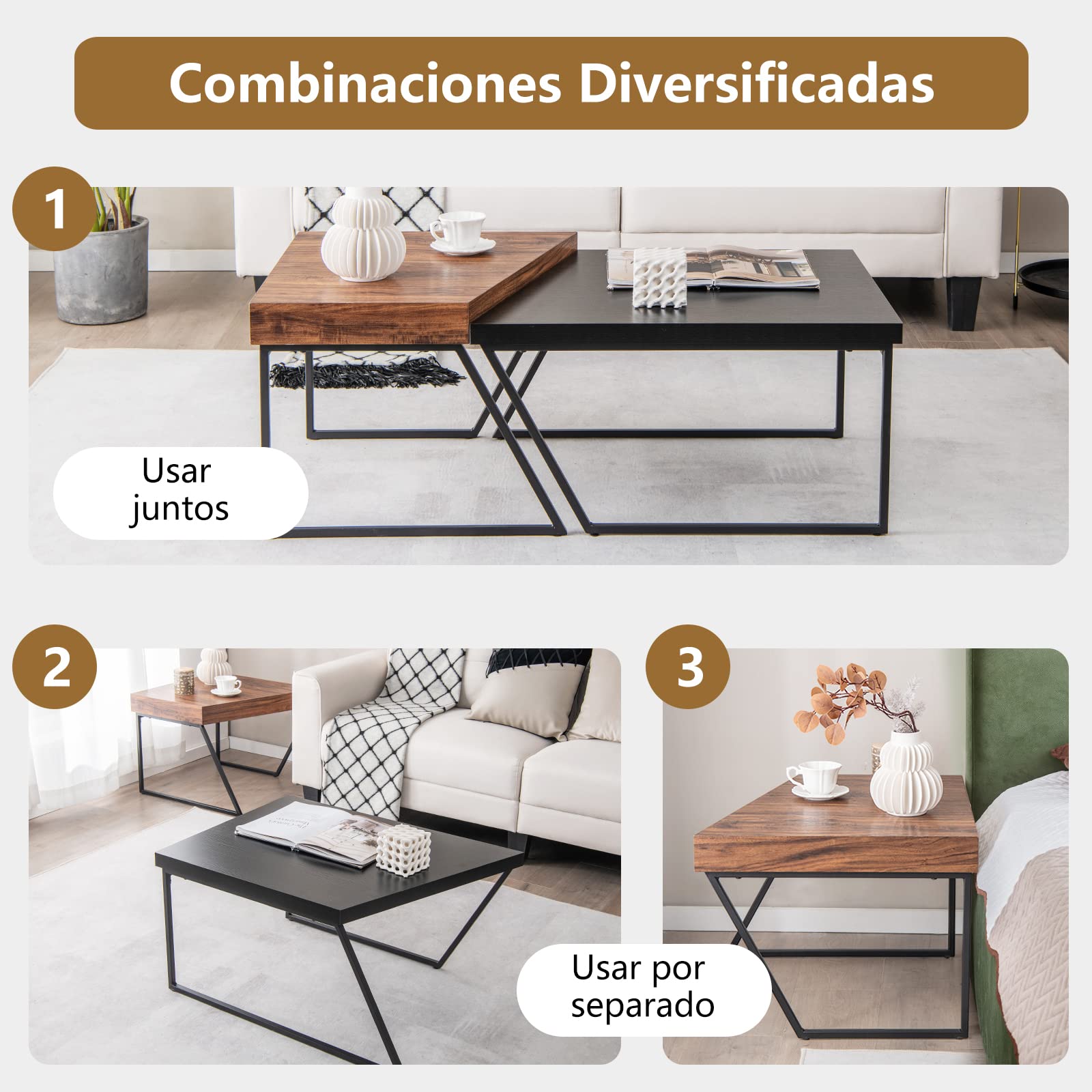 COSTWAY Juego de 2 Mesas Auxiliares de Centro, Mesa Auxiliar de Nido con Patas de Metal con Recubrimiento en Polvo, Mesa Nido de Café Trapezoidal para Sala de Estar Oficina Dormitorio
