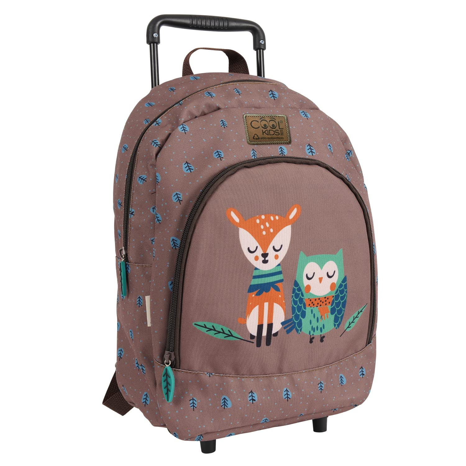 PERLETTI Mochila con Ruedas para Niños - Trolley con Detalles Reflectantes para Guardería y Viaje - Trolley Infantil Marrón Correas Ajustables - 36x25x15cm (Cervatillo y Búho)