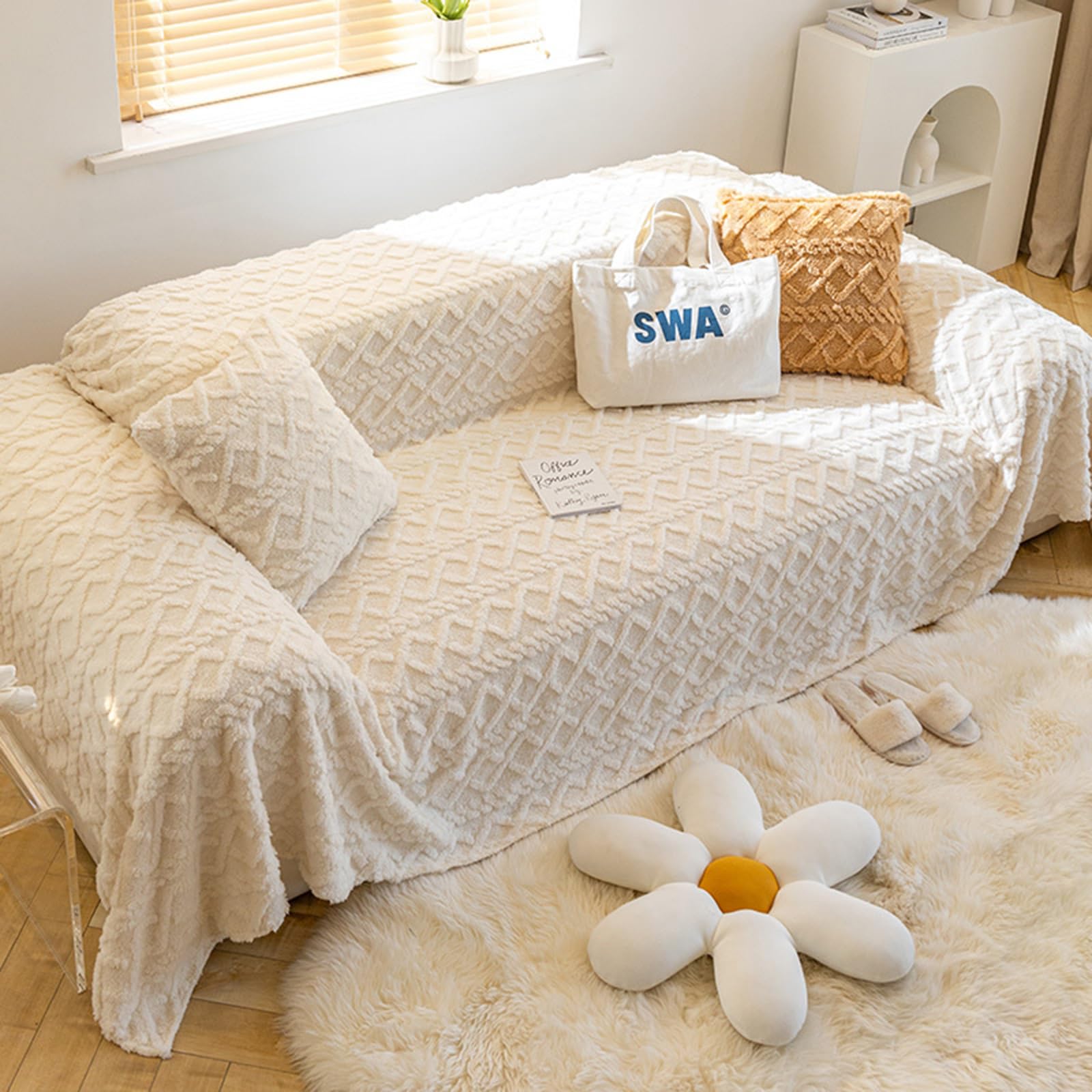 Housse Jeté De Canapé en Peluche 1 2 3 4 Places Serviette De Canapé en AntidéRapant Couverture De Canapé Protectrice Contre Les Rayures De Chat pour Canapé en Forme De L/U(180X230cm,White)