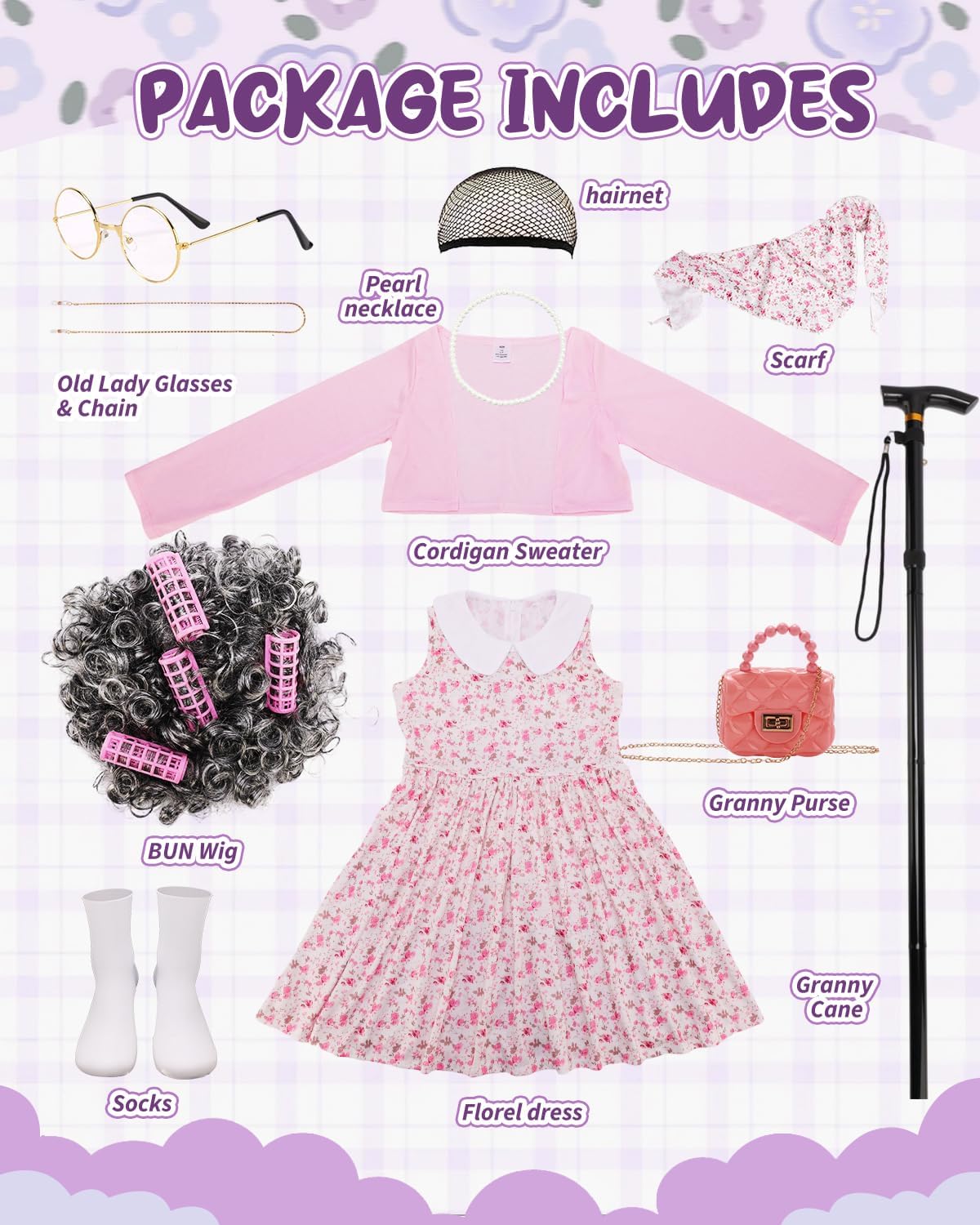100 Days of School Old Lady Costume Grandma Dress Up Set for Girls Costumes Granny Outfit Kit - Image 3