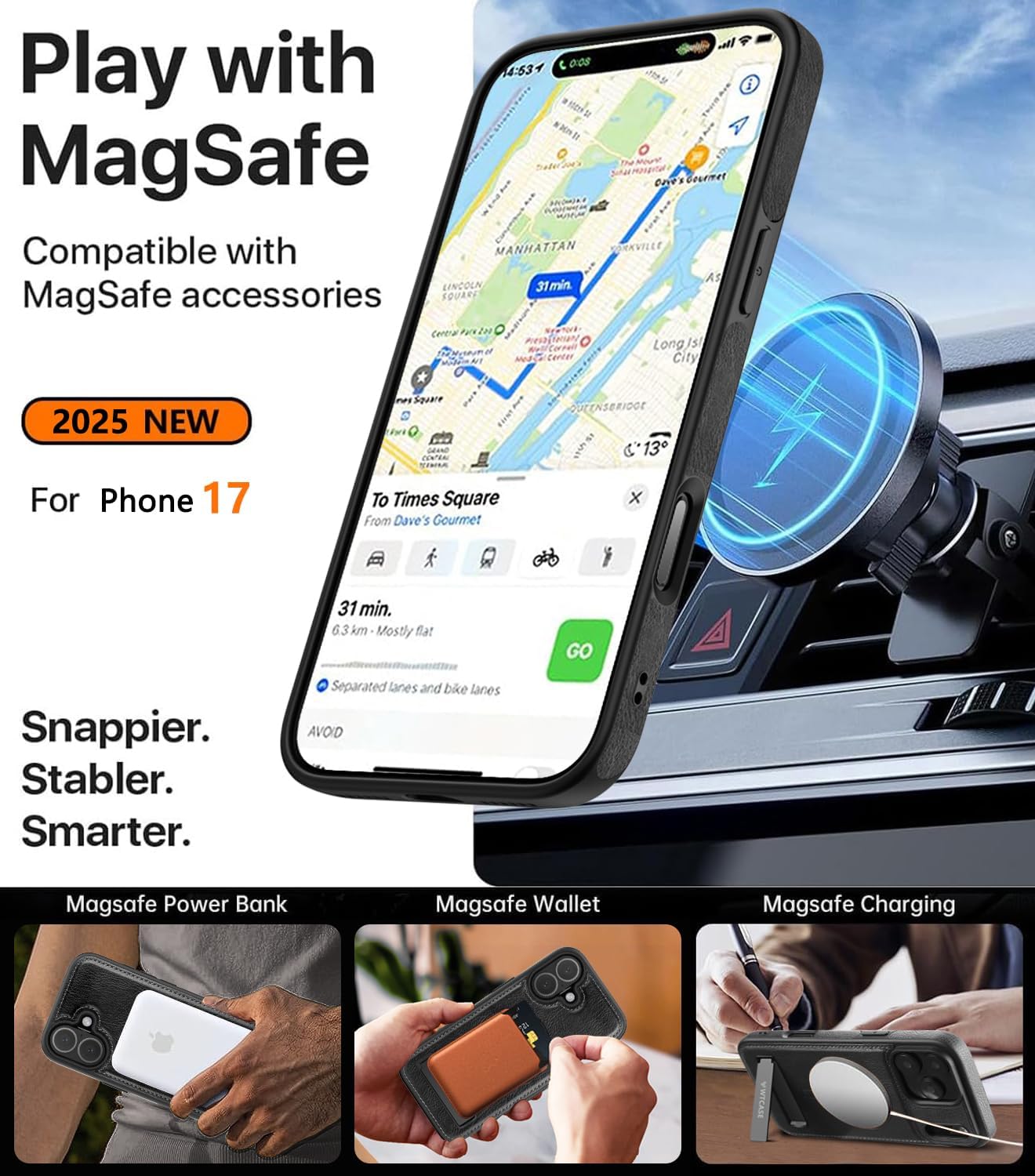 Magnetic for iPhone 17 Leather Case,Built-in Invisible Stand [Compatible with Magsafe] Protective Slim Kickstand Phone Cover for iPhone 17 Case, Black - Image 3