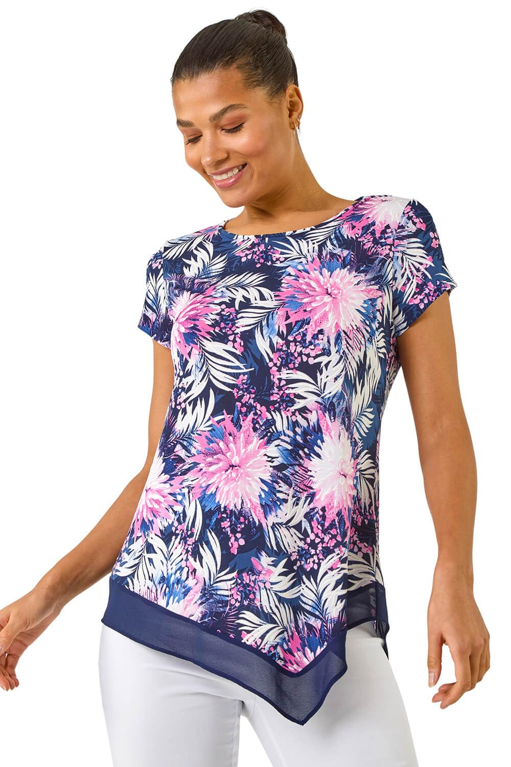 Roman Originals Women's Fuchsia Chiffon Hem Top For Uk - Asymmetric Hemline Stretchy Blouse Summer Spring Evening Vacation Work Holiday Short & Long Sleeve Smart Casual - Size 10