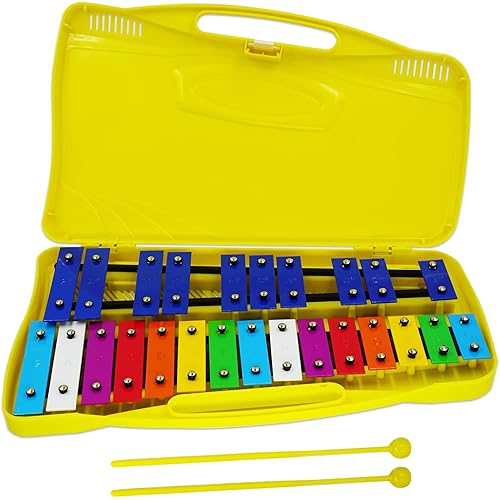 Xylophone for Kids 25 Notes Glockenspiel Metal Percussion Instrument with Case Two Safe Mallets, Perfectly Tuned Musical Instrument Toddlers Adult Music Teaching, Gifts(Yellow)