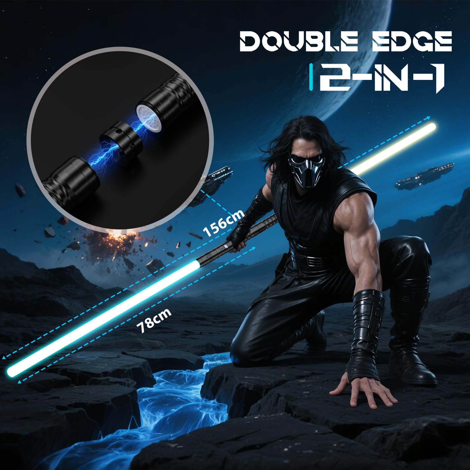 Sabre Laser-2 Pièces Lightsaber RGB 15 Couleurs Rechargeable USB-C - Effets Sonores FX, 4 Modes de Duel, Épées Laser Connectables en Métal - Jouet Cosplay Film, Halloween (2 Pc Noir 78cm)