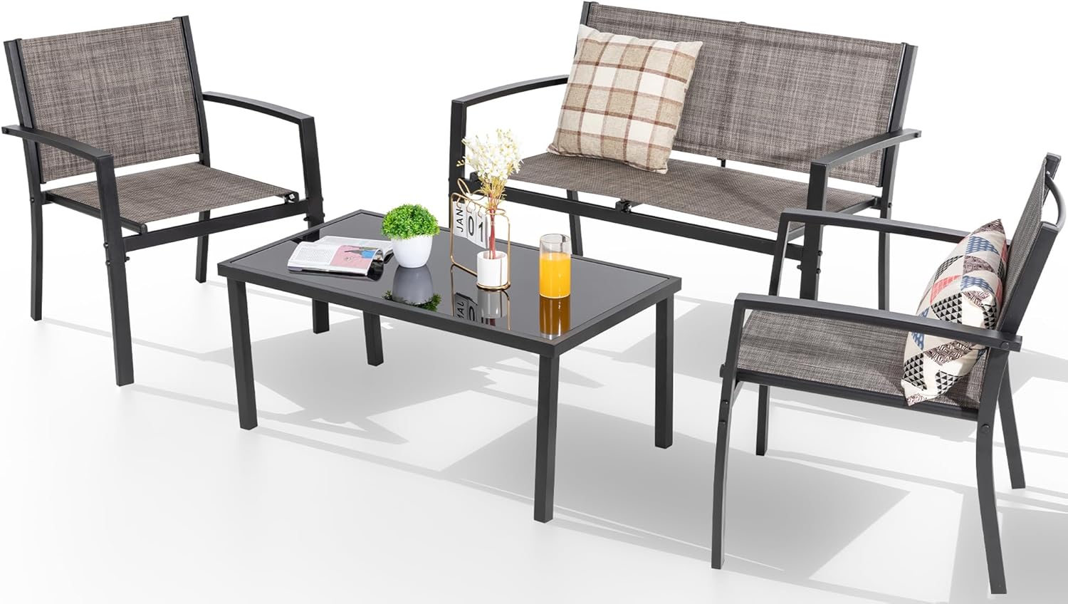 Shintenchi 4 Pieces Patio Furniture Set All Weather Textile Fabric Outdoor Conversation Set, with Glass Coffee Table, Loveseat, 2 Single Chairs for Home, Garden, Lawn, Porch(Light Brown)