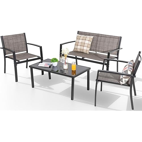 Shintenchi 4 Pieces Patio Furniture Set All Weather Textile Fabric Outdoor Conversation Set, with Glass Coffee Table, Loveseat, 2 Single Chairs for Home, Garden, Lawn, Porch（Light Brown）