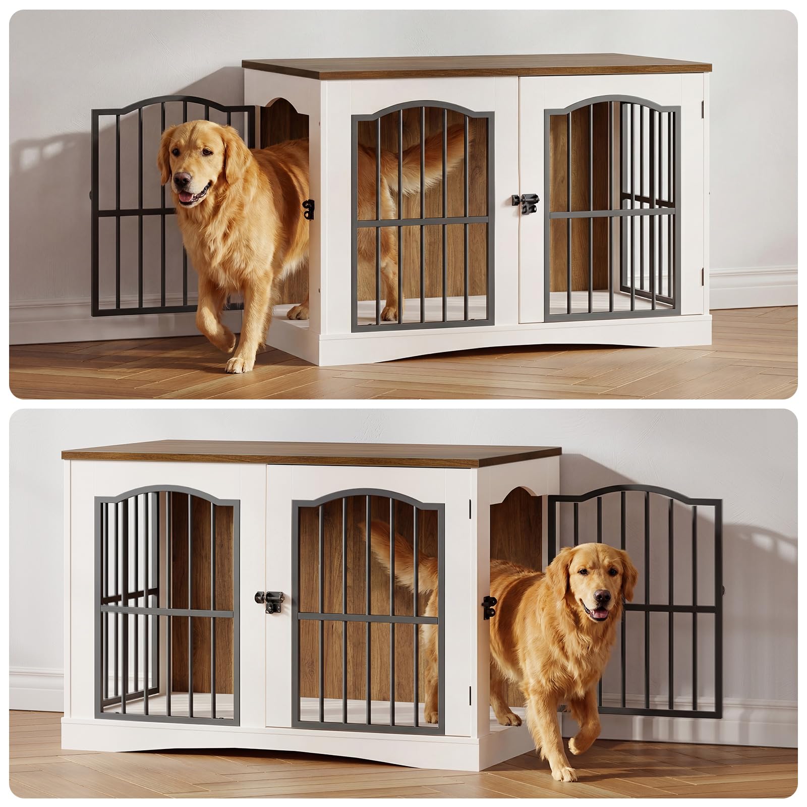 HOOBRO Mobili Gabbia per Cani con 3 Porte, Cuccia Moderna per Cani Interno, Kennel Cane Medio Pesante, Casetta per Animali per Soggiorno Camera Sottoscala, Bianco e Noce EWH66GW03