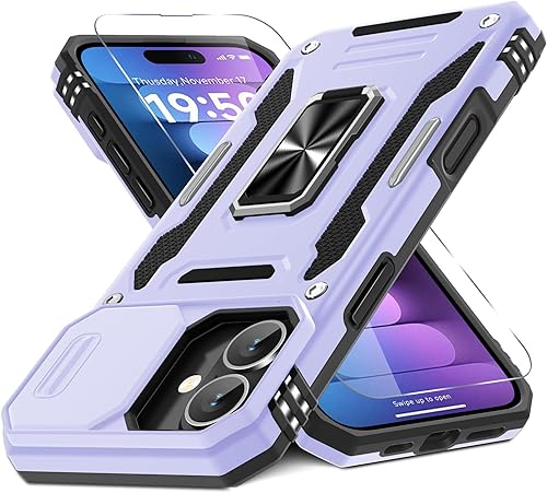 Miniatura 91 de DEERLAMN Funda para iPhone 14 Plus con cubierta deslizante para cámara + protector de pantalla (1 paquete), soporte de anillo giratorio con base