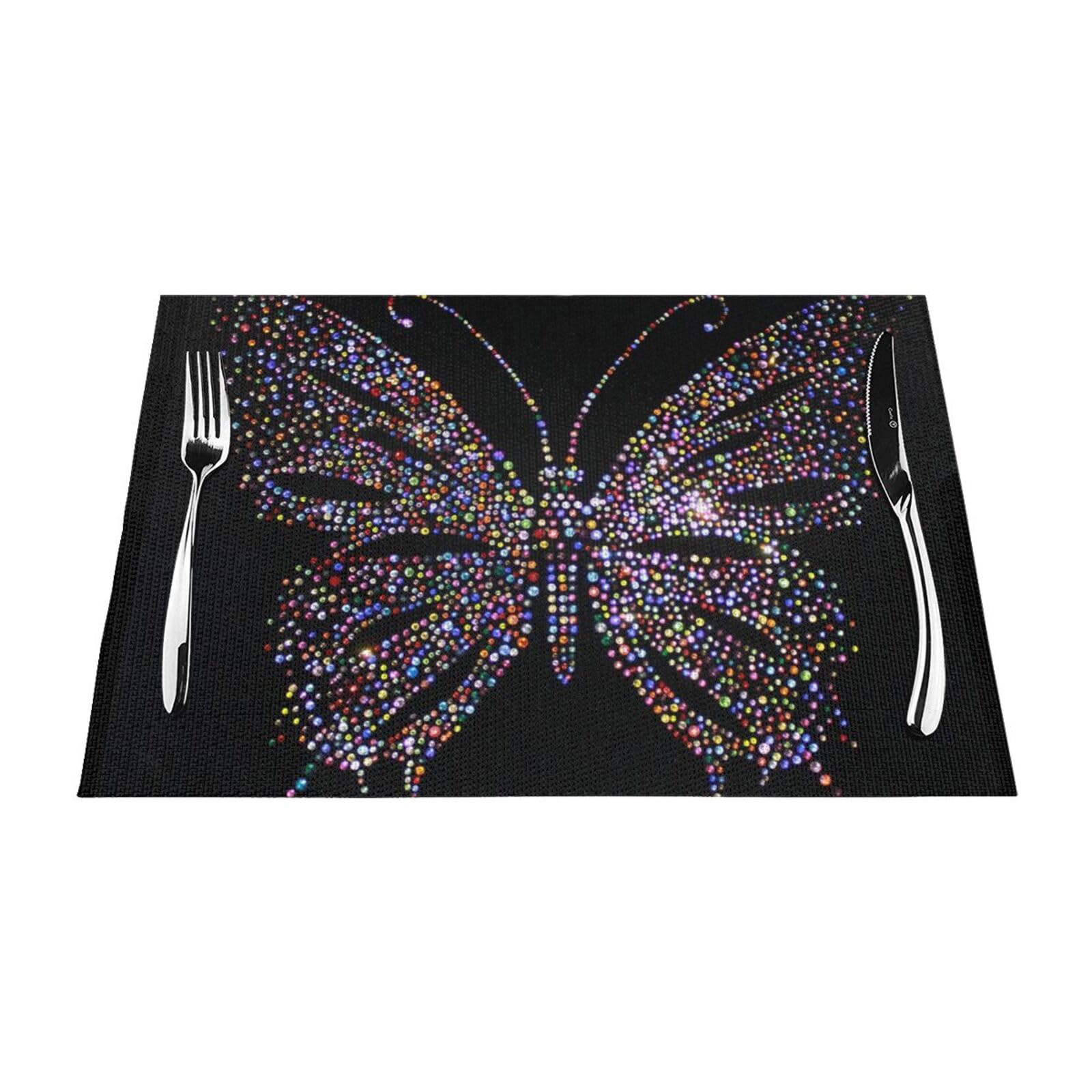 PVC Placemat Set of 1 PCS, 45x30 CM, Rhinestone butterfly Printed Non-Slip Heat Resistant Place Mats for Kitchen Dining Table Indoor Outdoor