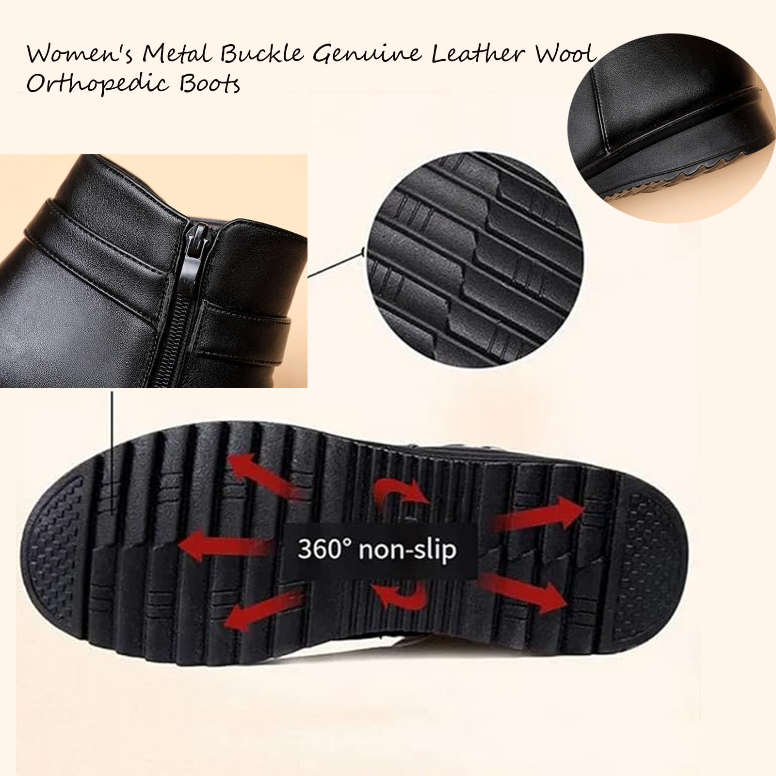 Orthopädische Stiefel für Damen, Metallschnalle, echtes Leder, Wolle, Winter, warm, rutschfest, Plüschfutter, seitlicher Reißverschluss, Stiefeletten