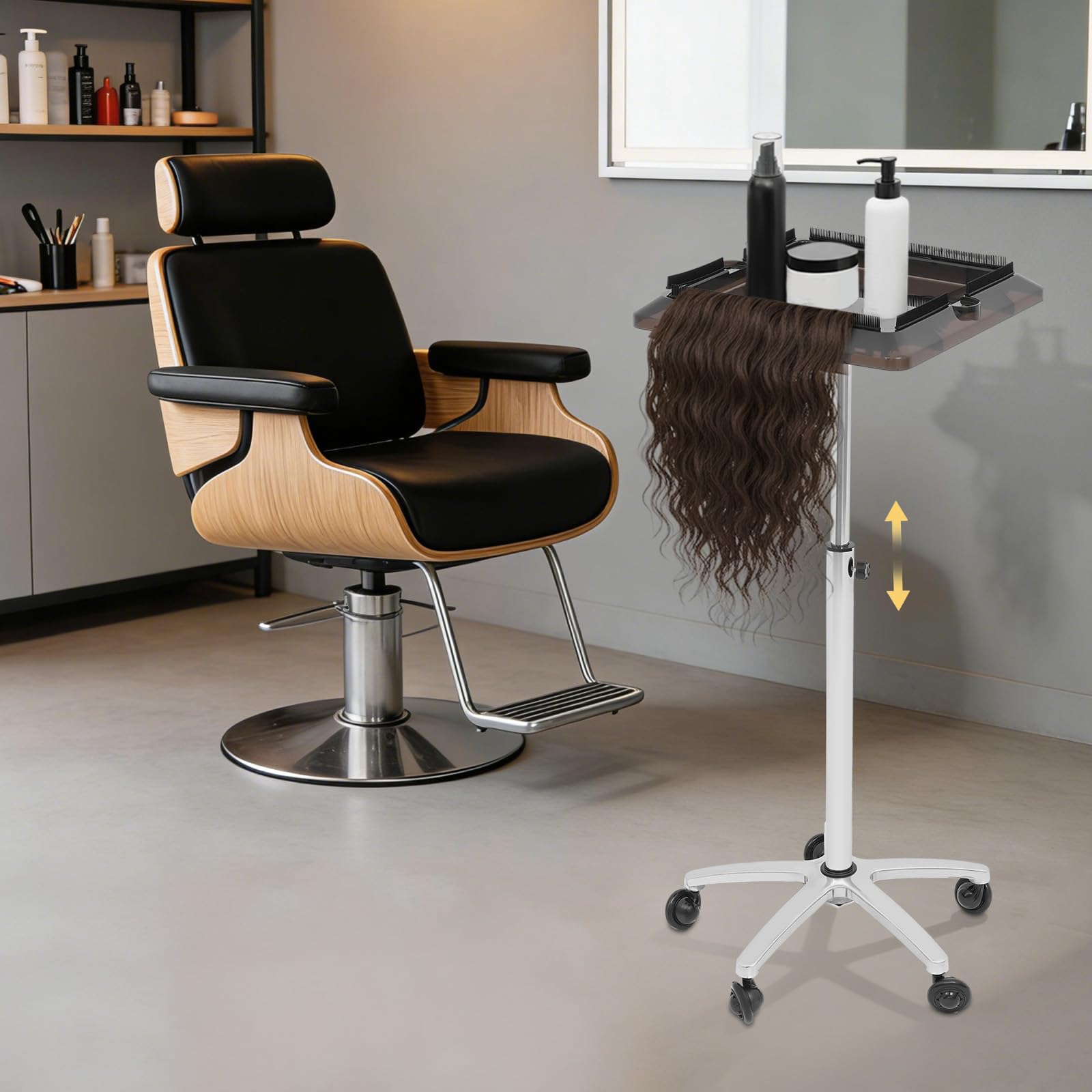 Carrito de Peluquería con Ruedas Altura Ajustable 70-110cm Bandeja para Pelucas y Herramientas Carrito de Salón Rodante con 5 Ruedas Suaves Peluquería Soporte de Peluquería Desmontable