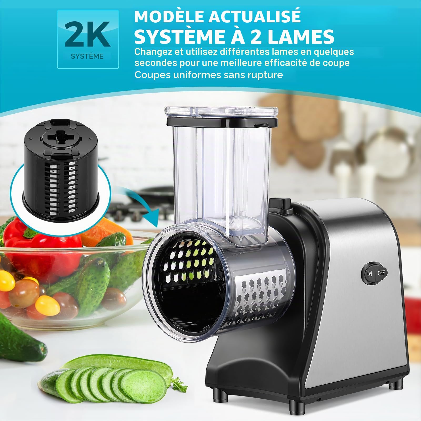 Coupe-légumes électrique, Gros Calibre Amélioré Rape à Fromage, 250W Râpe a Légumes Électrique, Hachoir Multifonctionnel Râpe, Râpe Carottes Electrique, avec 5 Lames