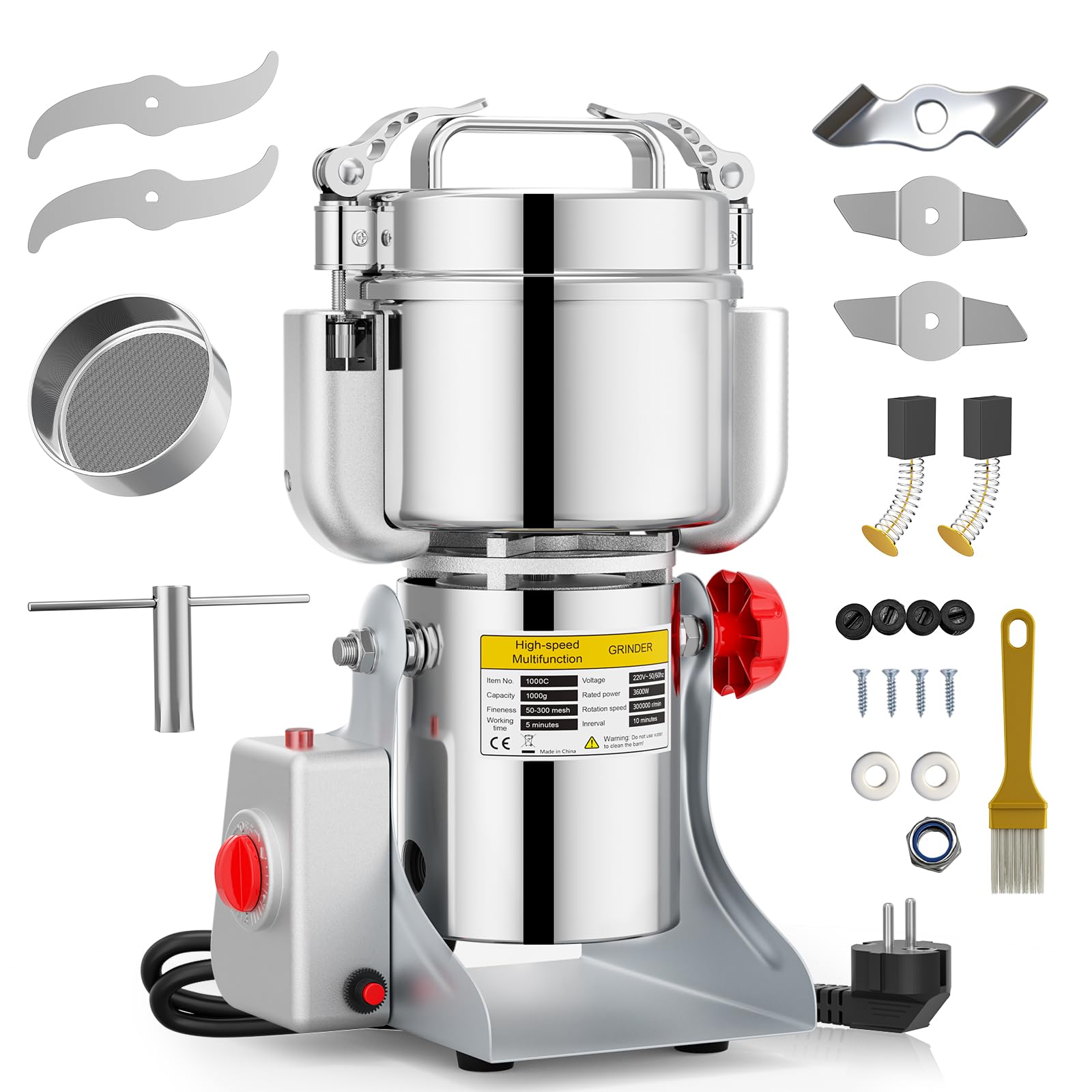 1000g Mulino per Cereali, Macina Spezie per Sesamo/Frutta Secca/Cereal | 3600W, 220V, Blocco di Sicurezza Del Coperchio, Protezione da Sovraccarico, Design con Rotazione a 270°,Sistema a Tripla Lama