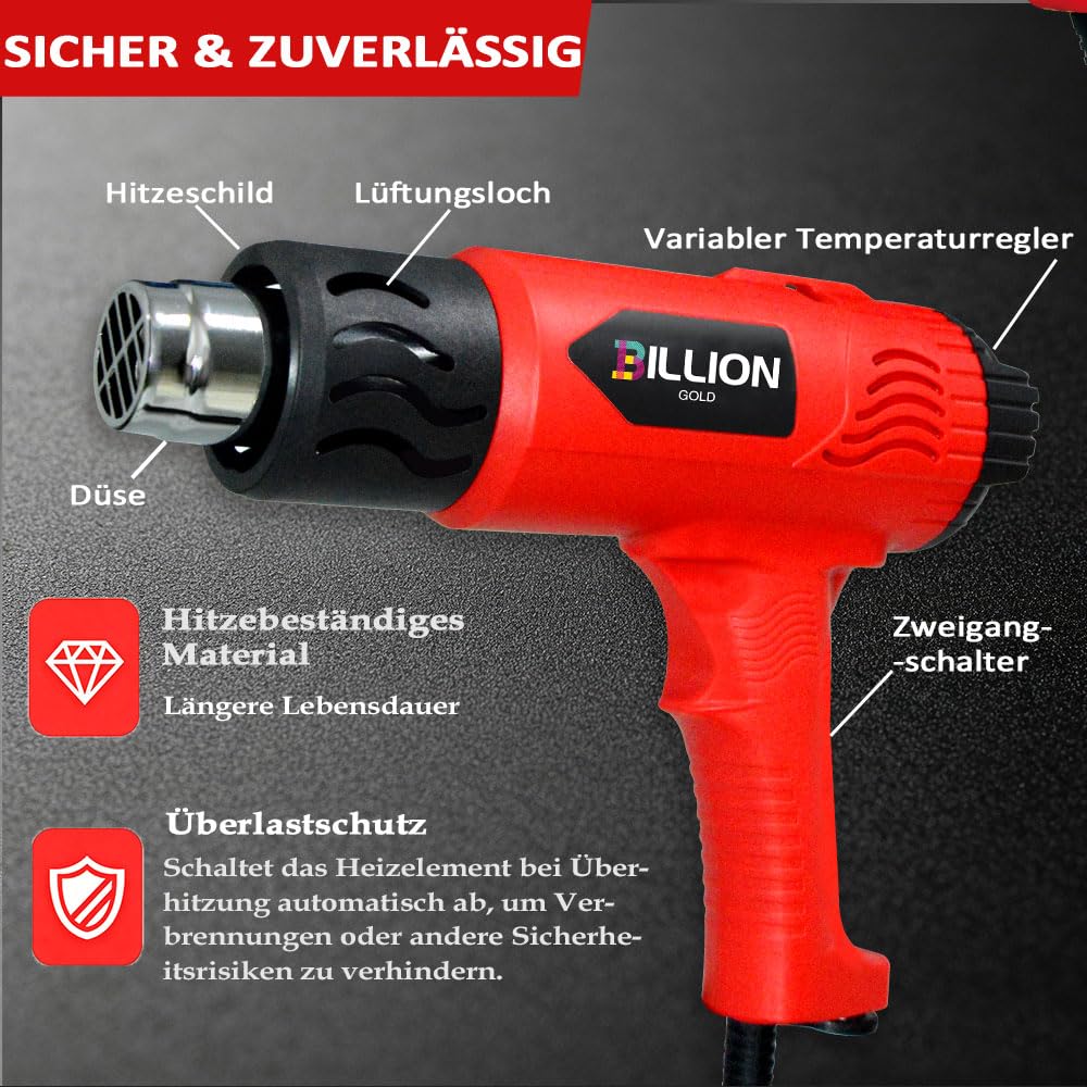 BILLIONGOLD 1800W Heißluftpistole, 50-650 ℃ Heißluftfön, Heissluftföhn mit 3 Zubehör, Heißluftpistole Ideal zum Schrumpfen, Entlacken, und Lösen von Schrauben