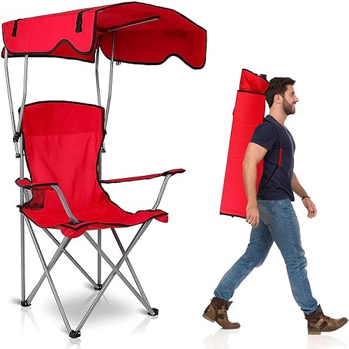 Silla de camping con toldo, silla plegable para exteriores con parasol ajustable UPF 50+ y soporte para tazas, reclinable portátil para campamento,
