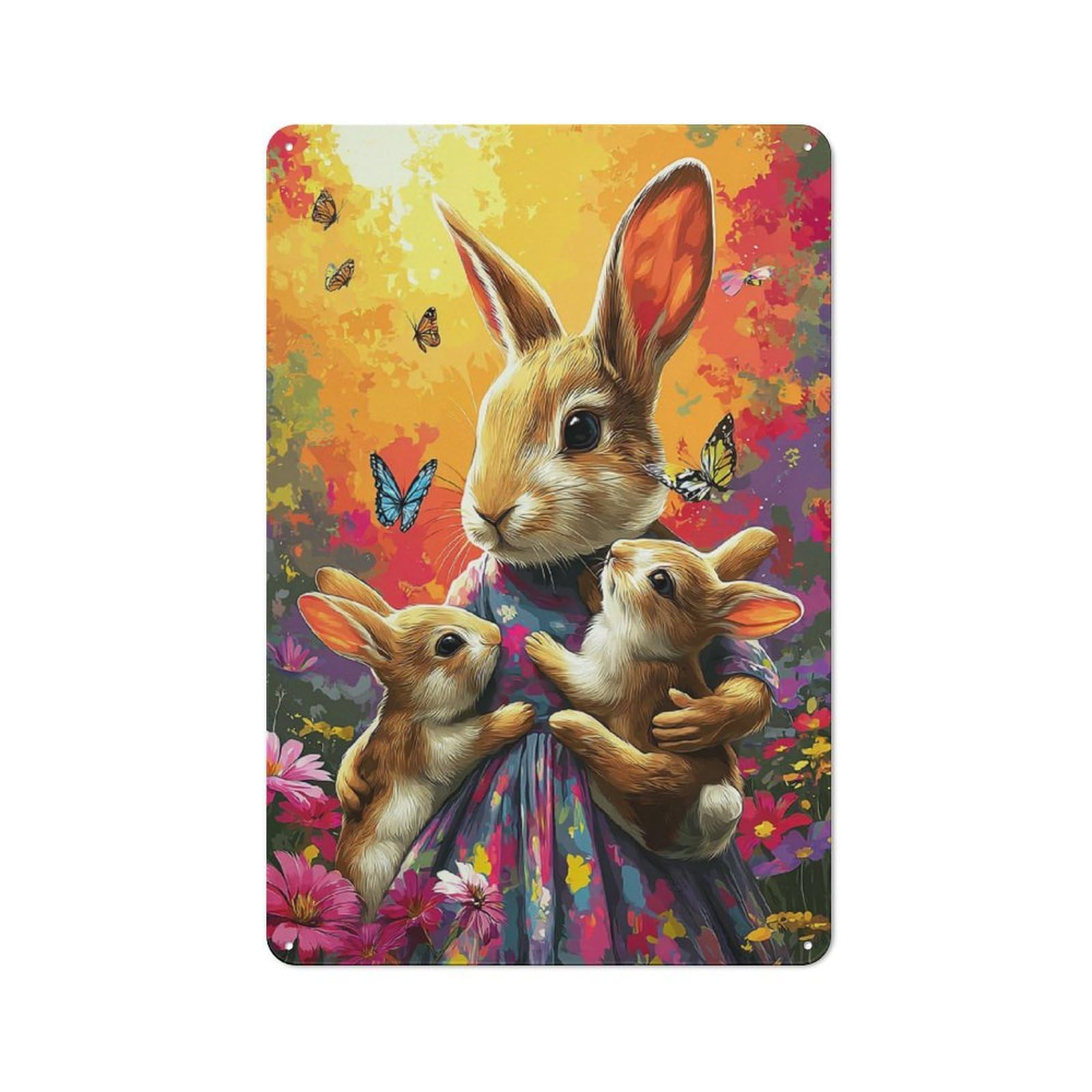 Junmoney Spring Bunny Family In Flowers Cottage Metal Wall Decor 30X20cm, Shed Metal Sign For Conservatory, Home Bar Or Utility Room