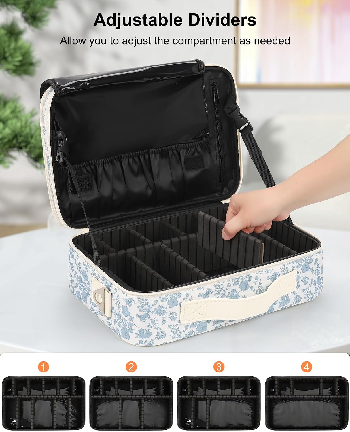 Relavel Large Makeup Bag, Cute Cosmetic Bags for Women and Girls Travel Makeup Organizer Bag Train Case 13.8 inches Makeup Brush Holder and Storage with Adjustable Dividers, Floral Print image 3