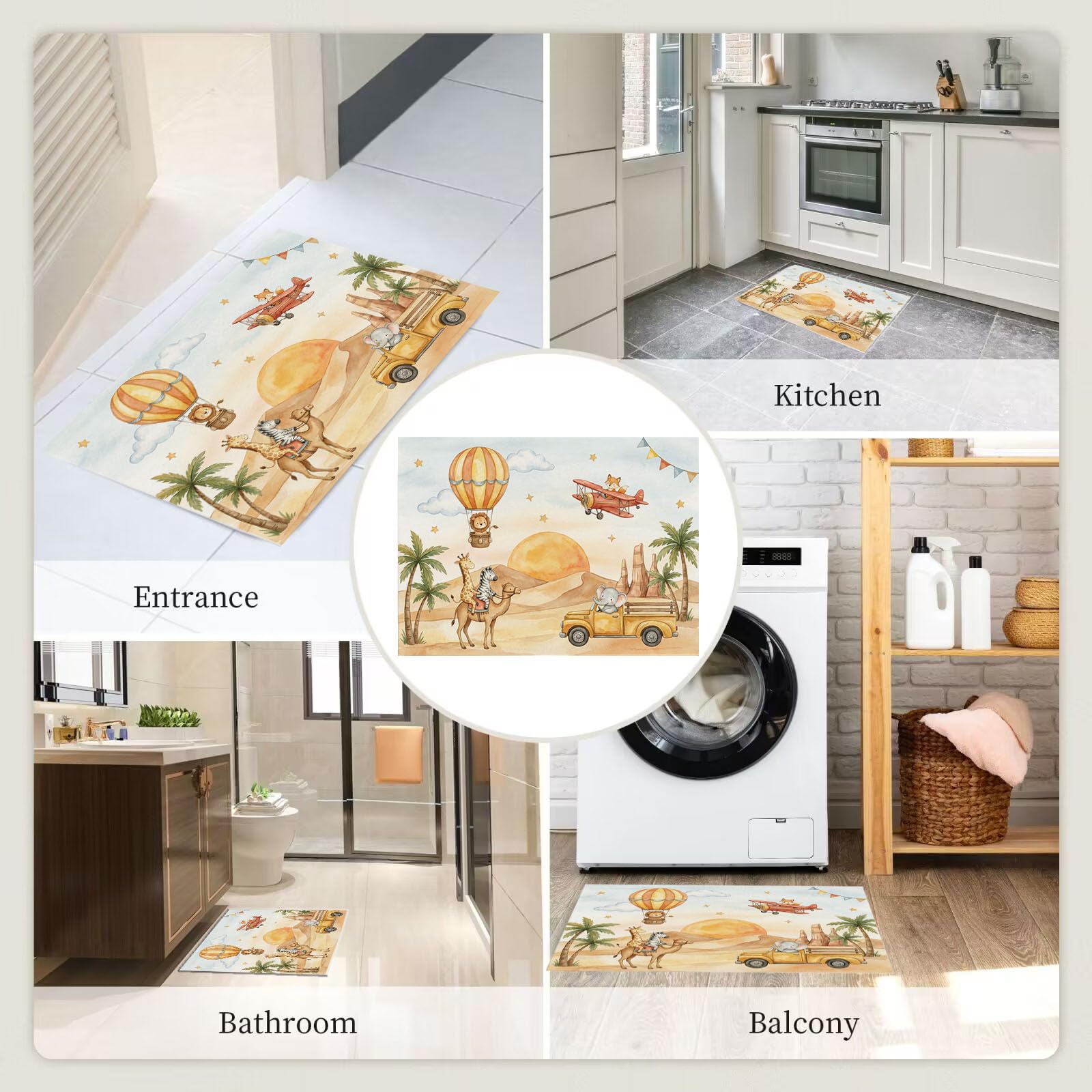 Zerbino Ingresso Interno 80X120Cm Animali Deserto Cartone Tappeto Lavabile Antiscivolo Giraffe E Cammelli Carini Passatoia Corridoio Sottile Zerbino Per Porta Di Casa Cucina Ufficio, Giallo