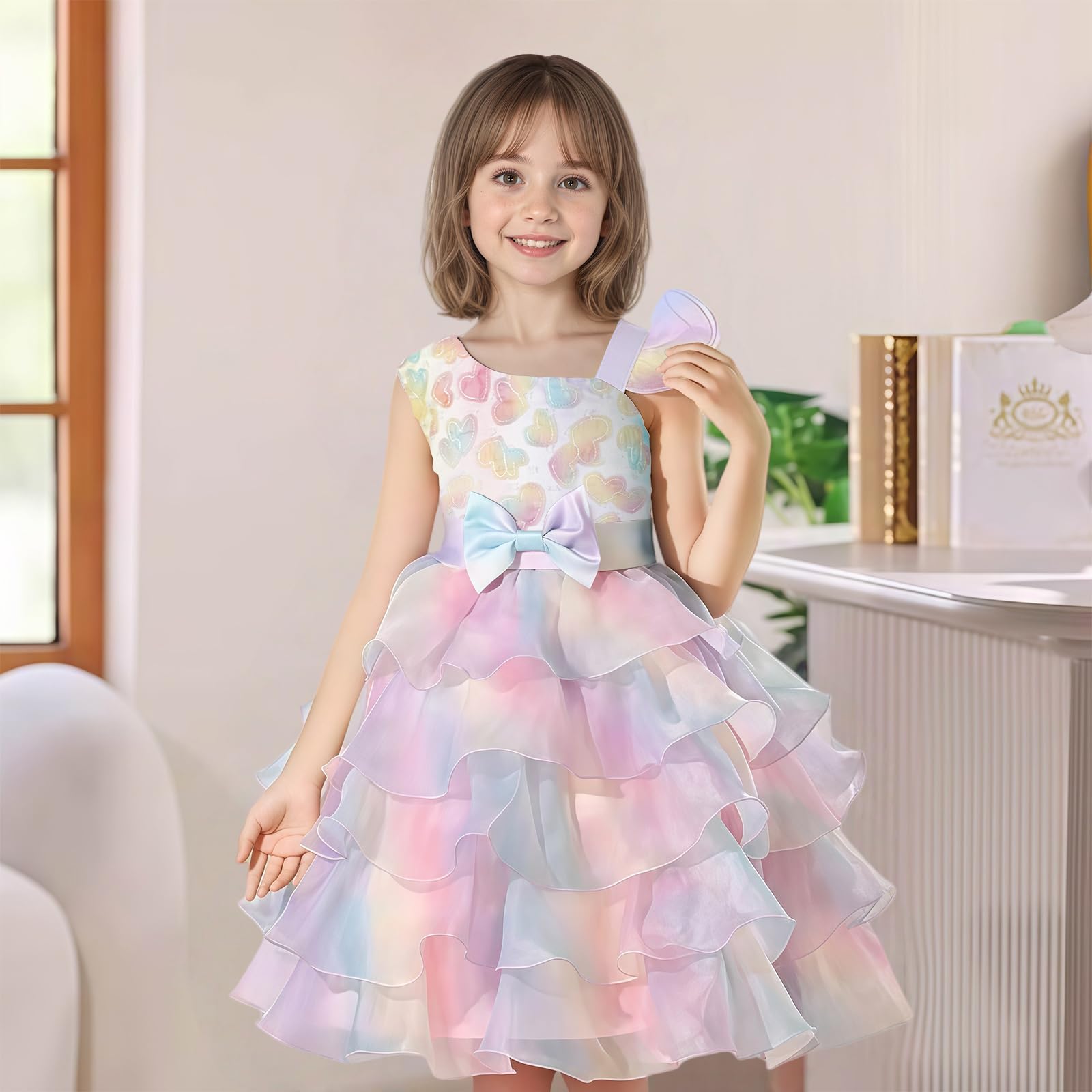 Vestido de Verano sin Mangas para Niña,Vestido de Princesa de Tul Arcoíris,Adecuado para la Fiesta de Cumpleaños de la Dama de Honor de la Niña de Las Flores de la Boda,Apto para Niños de 4 a 8 Años