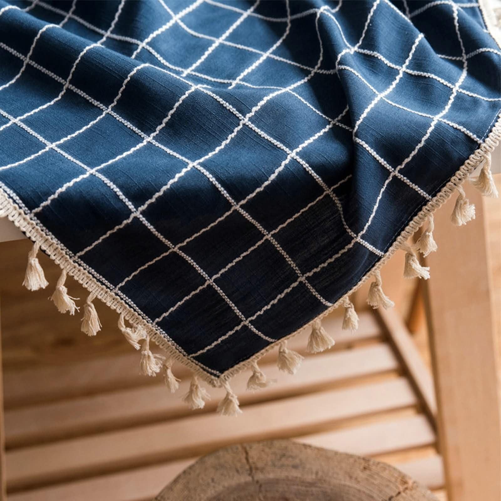 Dunkelblau Rechteckige Tischdecke 140 x 180 cm, Leinen Baumwolle Plaid mit Quasten, Tischdekoration Wohnzimmer