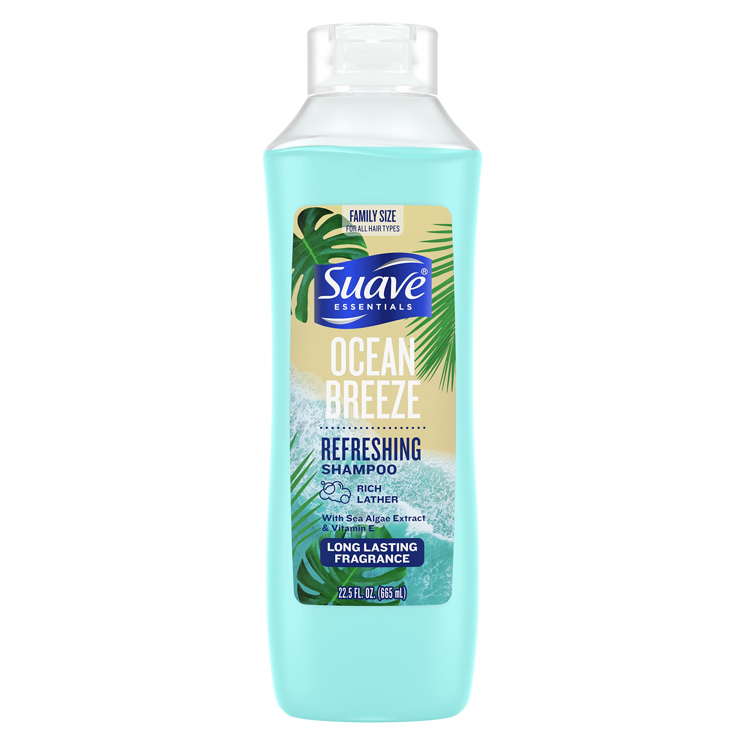 Suave Essentials Refreshing Shampoo, Infused with Sea Algae Extract and Vitamin E, Ocean Breeze Hair Shampoo with a Long Lasting Fragrance 22.5 oz